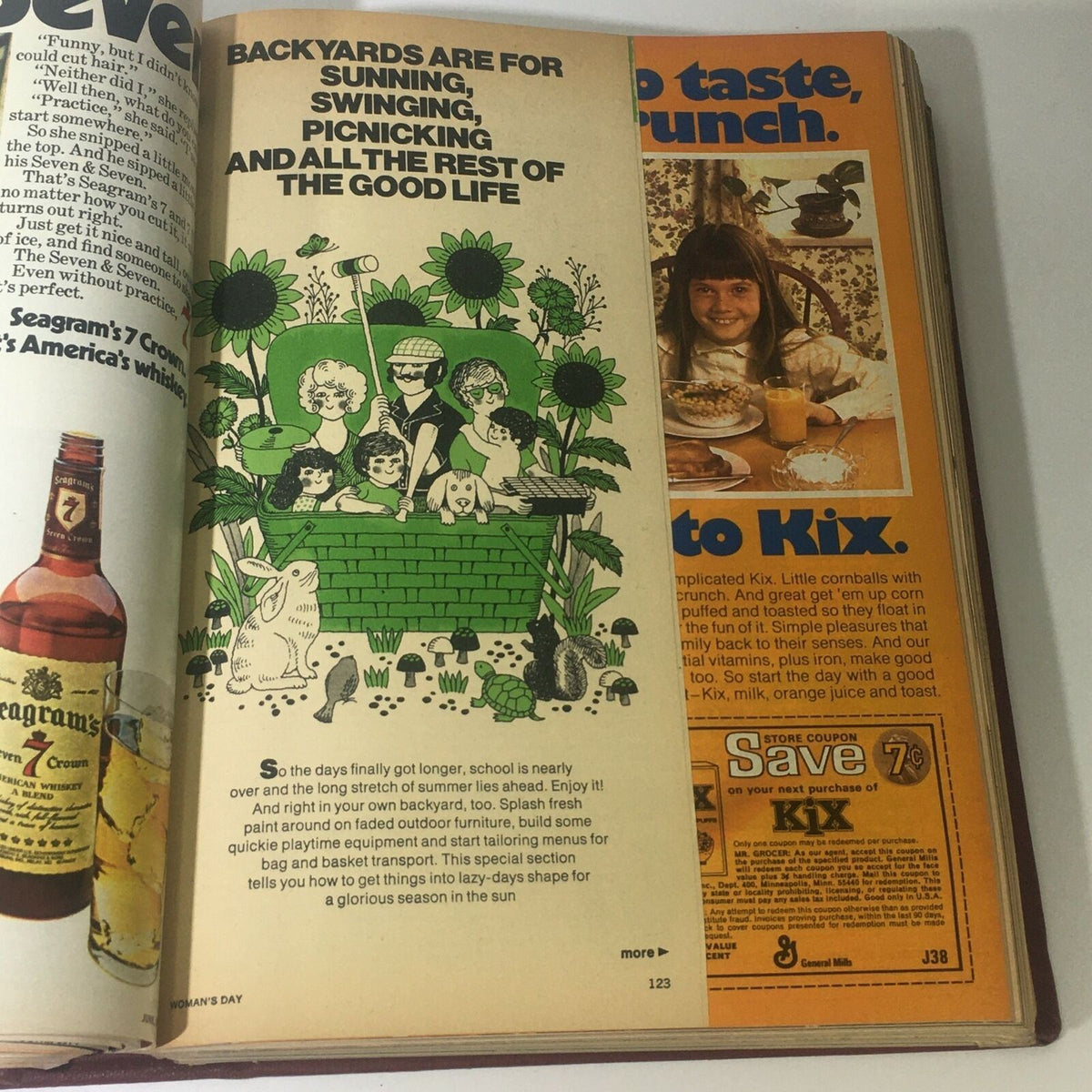 Page in the 1974 Woman's Day Magazine compilation with colorful illustrations, featuring a family in a garden enjoying sunny activities, representing themes of summer fun and outdoor life.