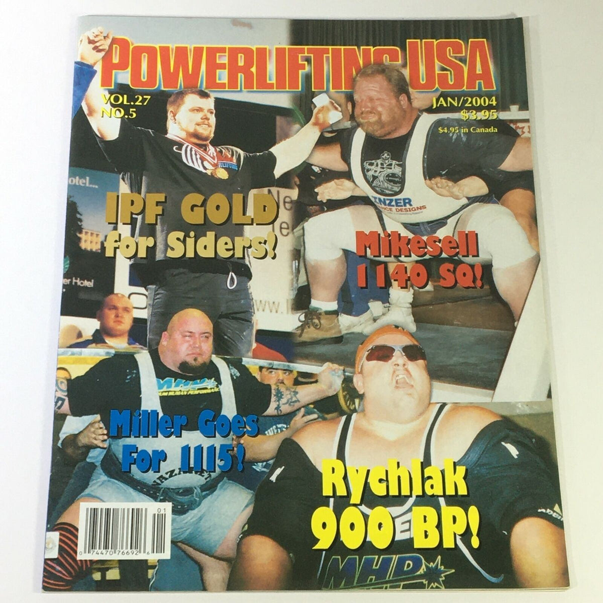 Powerlifting USA January 2004 Vol 27 #5 magazine cover featuring powerlifters Brian Siders, Brent Mikesell, and Gene Rychlak Jr. highlighting their achievements in the sport.