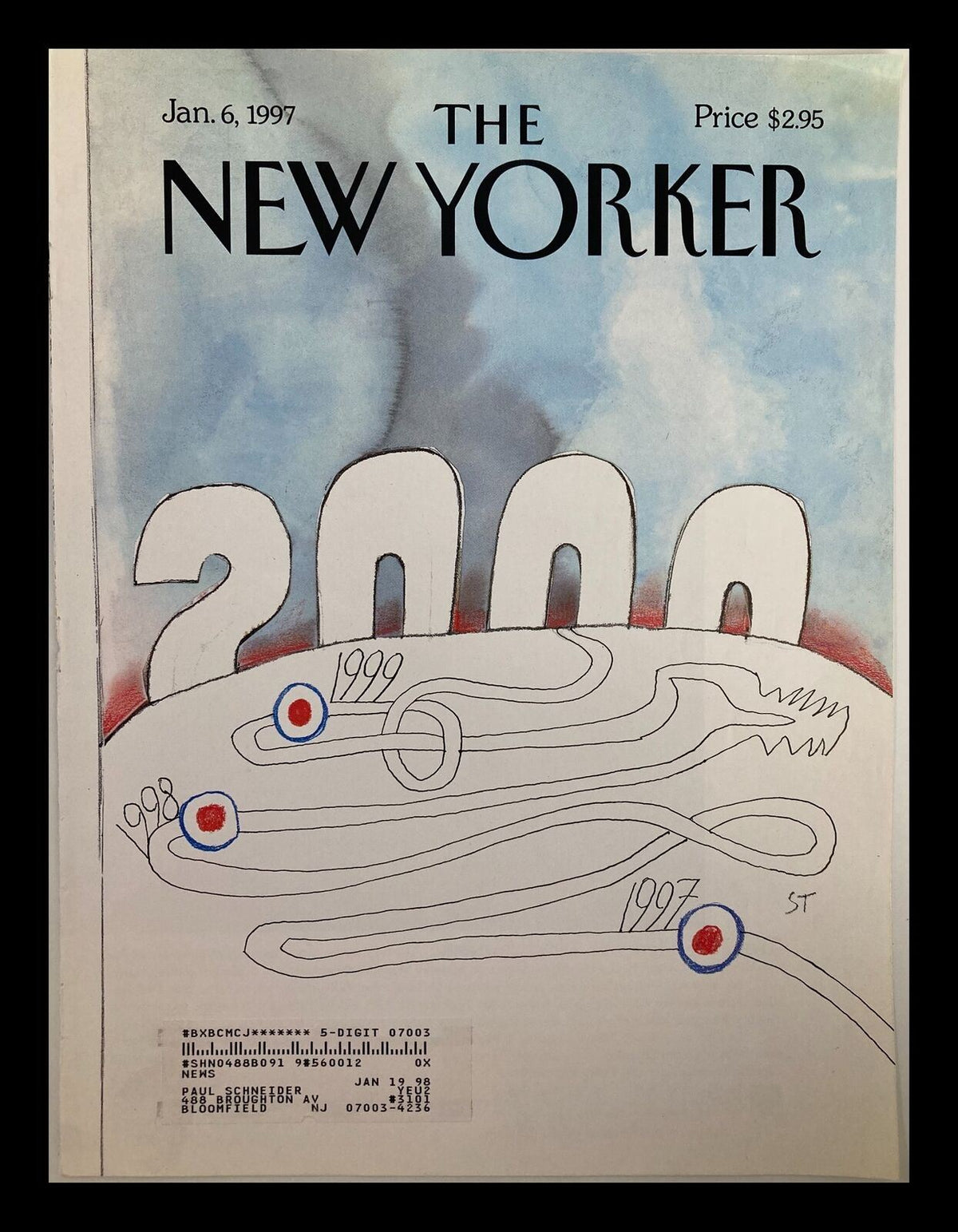 Cover of The New Yorker dated January 6, 1997, featuring the title 'Another Year 2000' by Saul Steinberg, showcasing vibrant illustrations and a whimsical design symbolizing the passage of time.