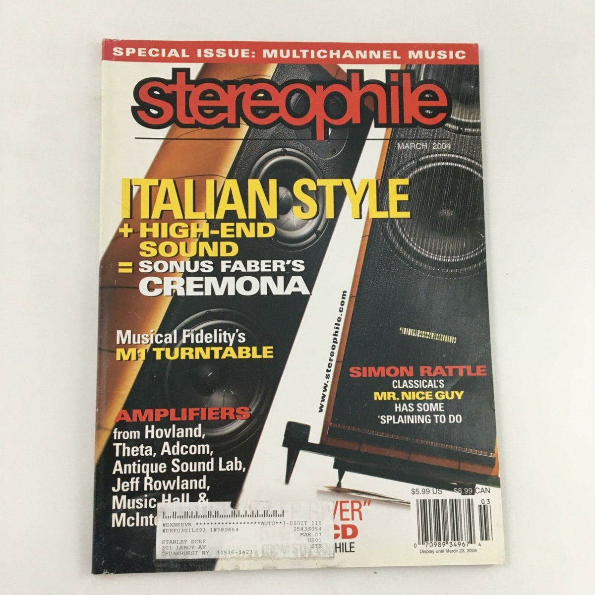 Stereophile Magazine March 2004 cover featuring Italian Style and Sonus Faber's Cremona speakers, highlighting high-end sound and audio technology.
