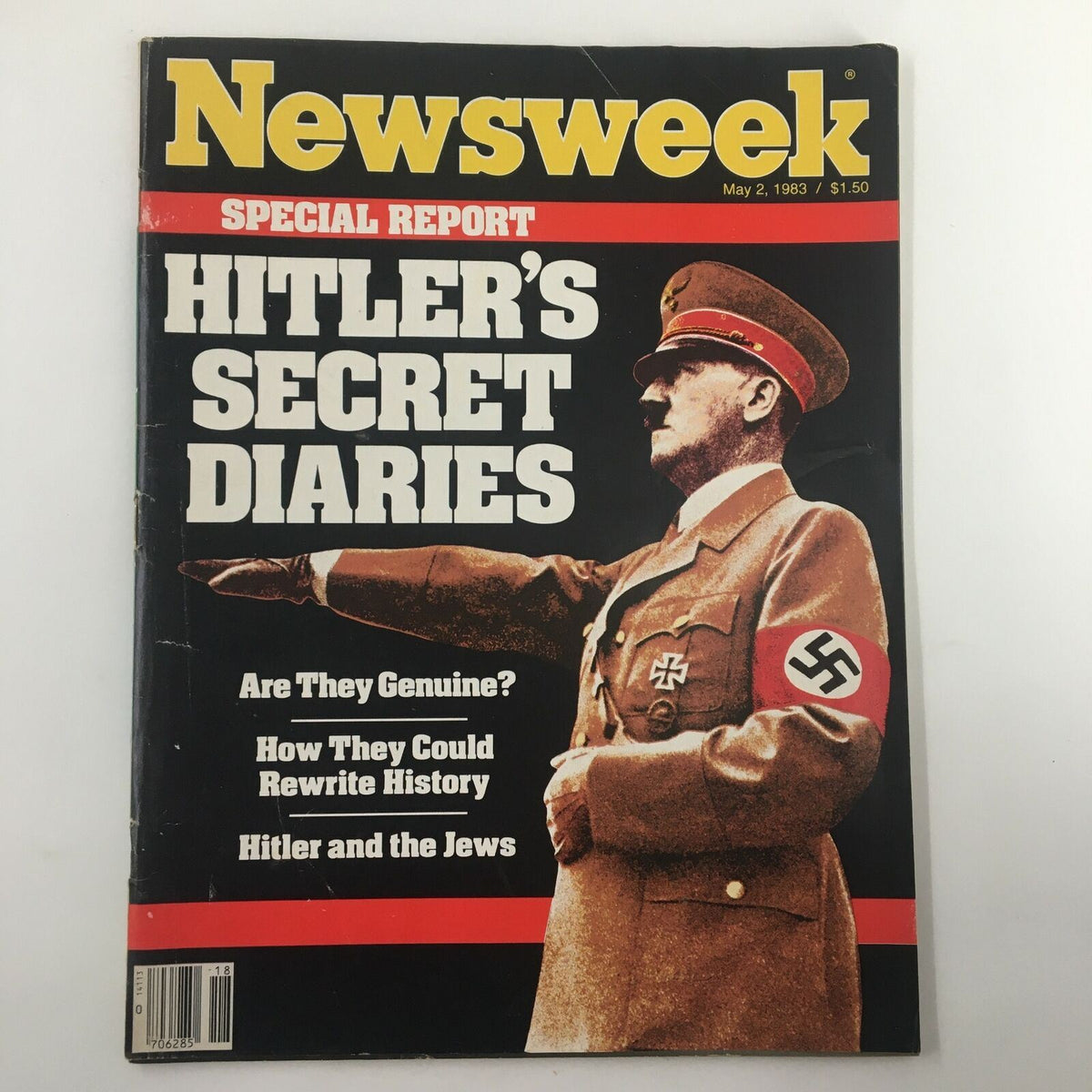 Vintage Newsweek magazine from May 2, 1983, featuring the cover story 'Hitler's Secret Diaries' with a striking image of Adolf Hitler. This collectible magazine explores controversial historical insights.