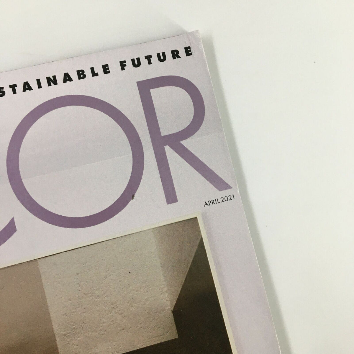 Close-up of the title header of Elle Decor Magazine April 2021, emphasizing its focus on sustainable future decor.