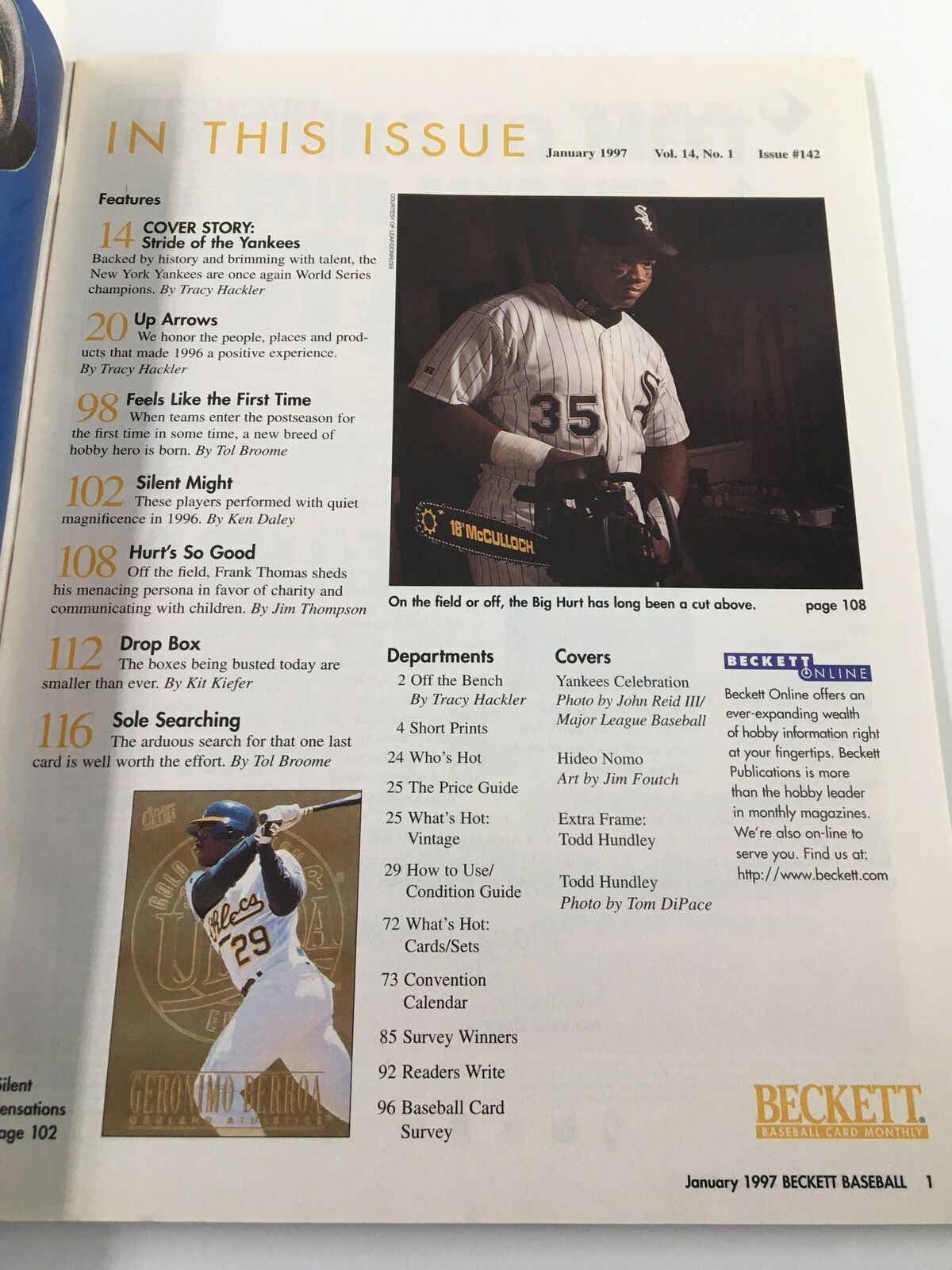 Contents page of Beckett Baseball Card Monthly January 1997 Issue #142 detailing features like 'Cover Story: Stride of the Yankees' and highlights significant figures and articles related to baseball.