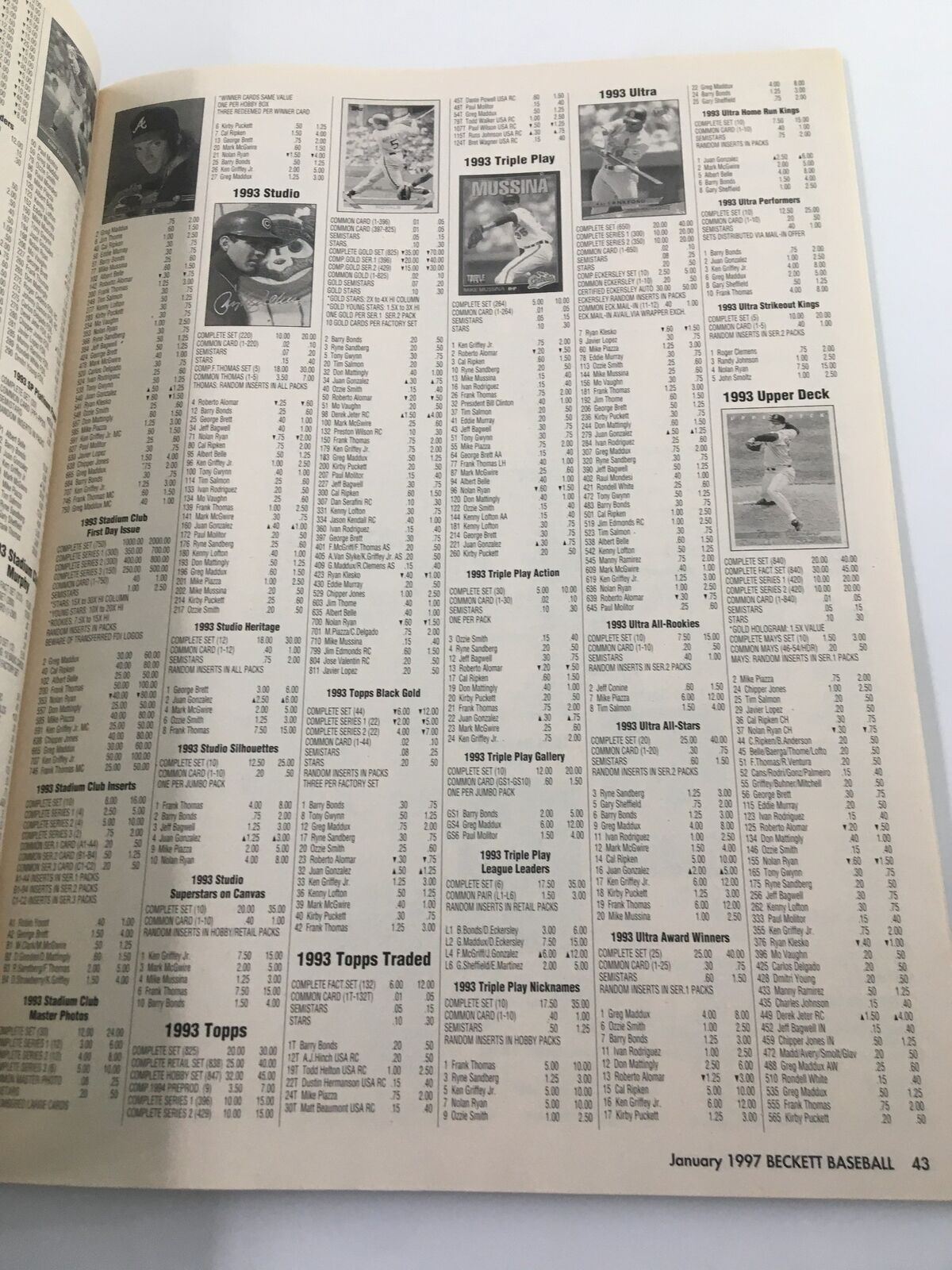 Beckett Baseball Card Monthly January 1997 #142 Return to Glory No Label VG - Page listing details from 1993 baseball cards including Studio, Triple Play, and Upper Deck.