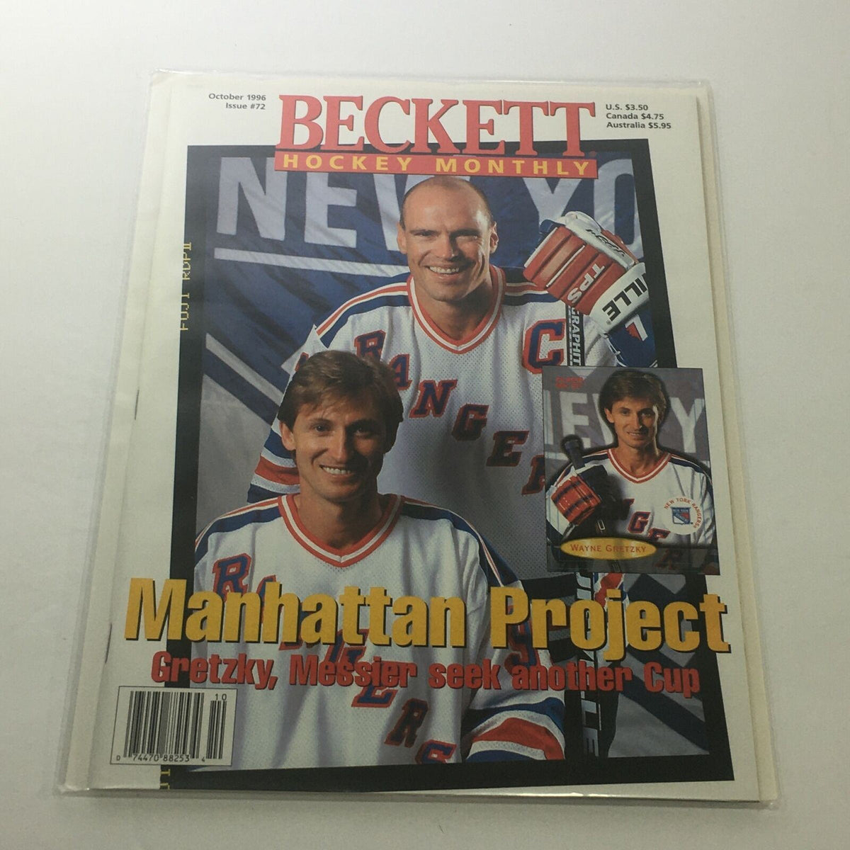 Beckett Hockey Monthly October 1996 Issue #72 cover featuring Wayne Gretzky and Mark Messier, highlighting the Manhattan Project and their quest for another Cup, with vibrant colors and prominent text.
