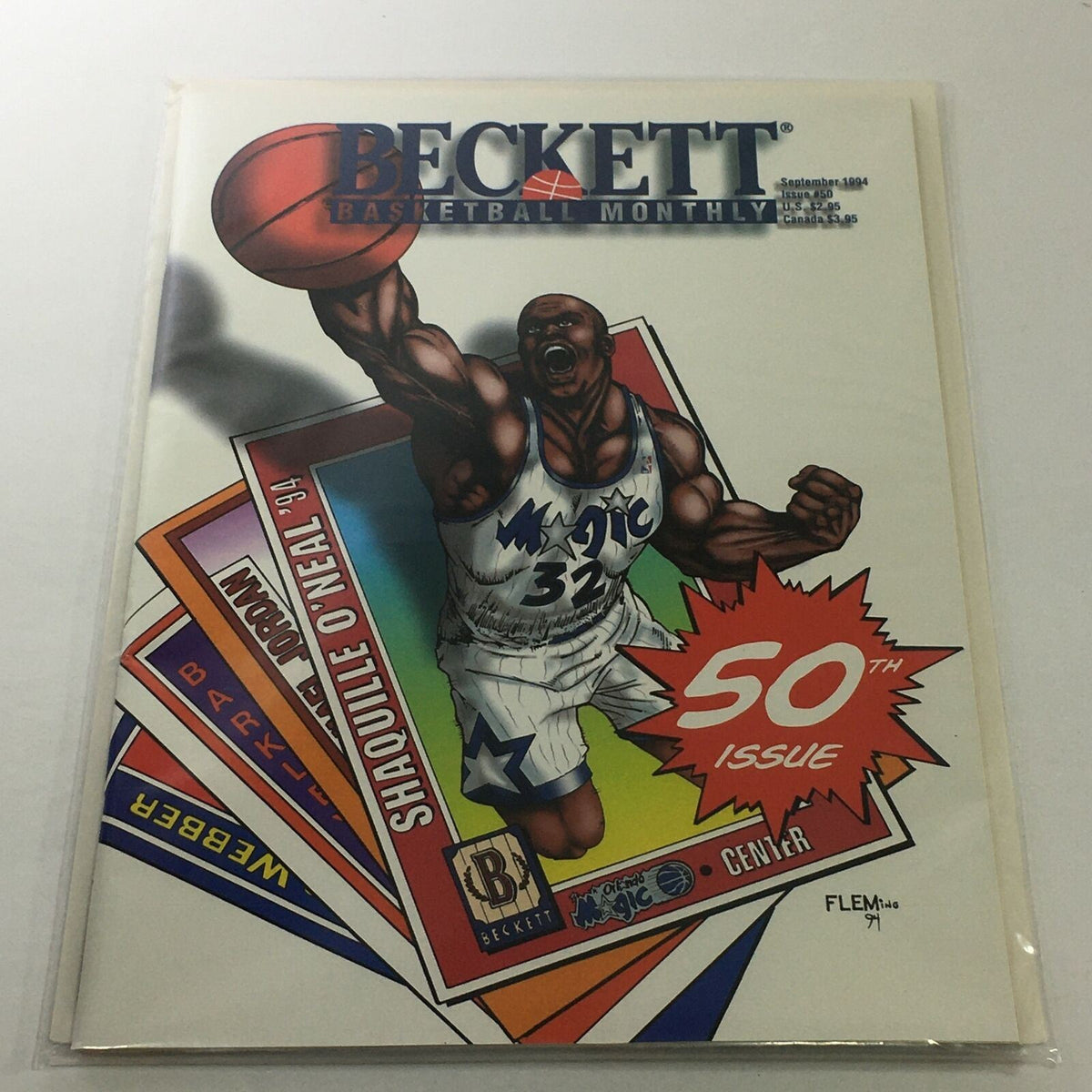 Beckett Basketball Monthly September 1994 Issue #50 featuring Shaquille O'Neal on the cover, showcasing vibrant graphics and collectible value.
