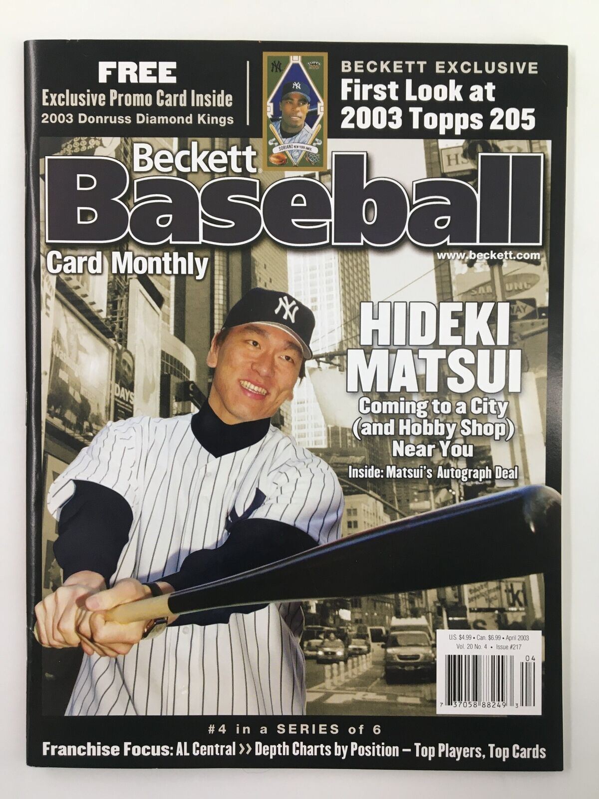 Beckett Baseball Card Monthly April 2003 #217 featuring Hideki Matsui on the cover with a promotional mention of 2003 Donruss Diamond Kings.