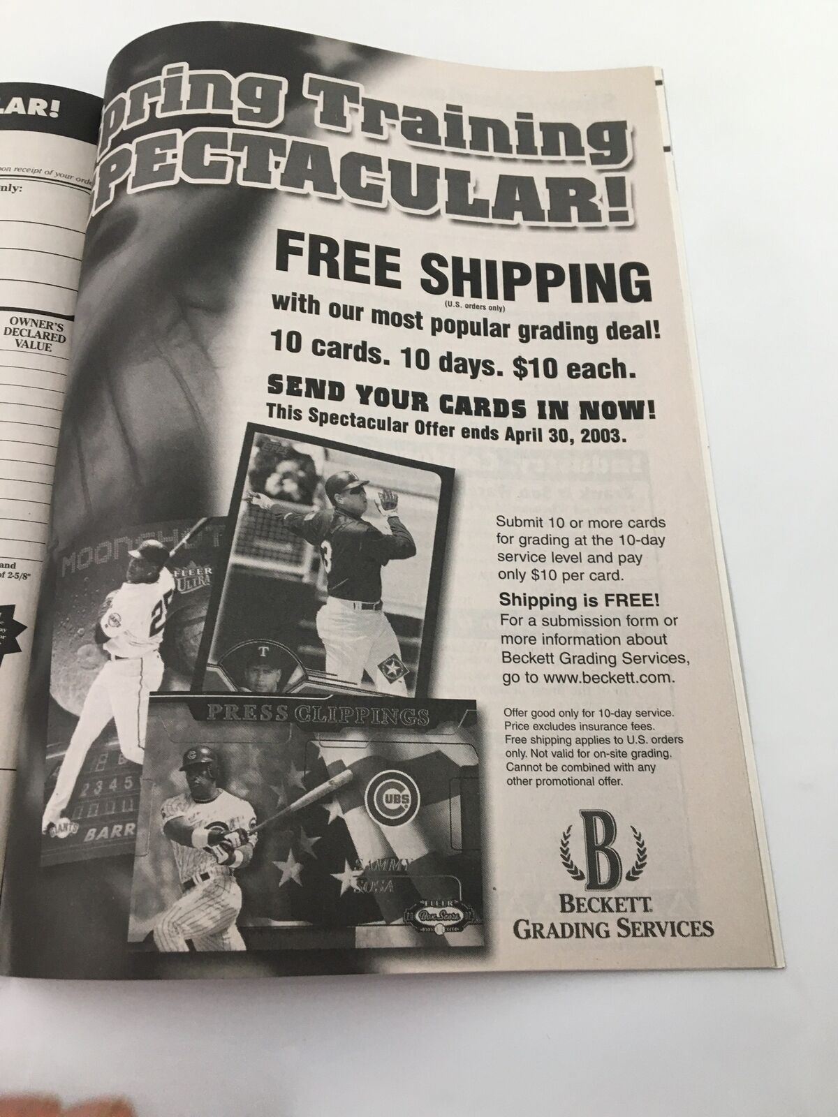 Beckett Baseball Card Monthly April 2003 #217 Hideki Matsui No Label VG advertisement for Beckett Grading Services with a promotion for free shipping.