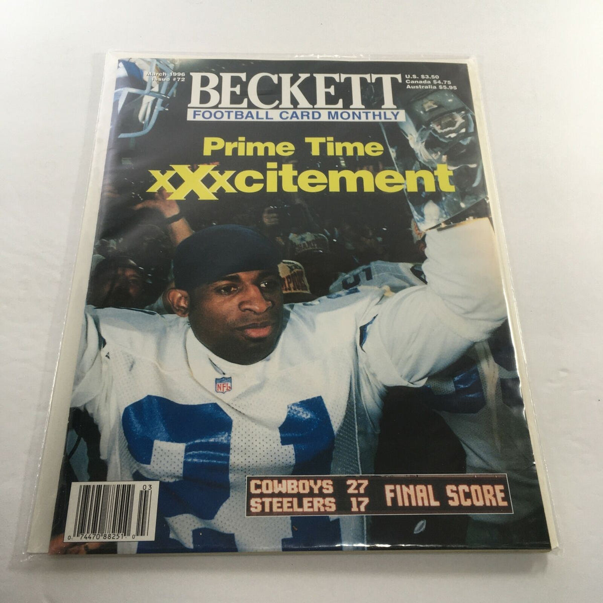 Beckett Football Card Monthly: March 1996 Issue #76 - Prime Time xXxcitement, featuring a cover image of a football player celebrating with fans after a game, showcasing vibrant imagery and sports excitement.