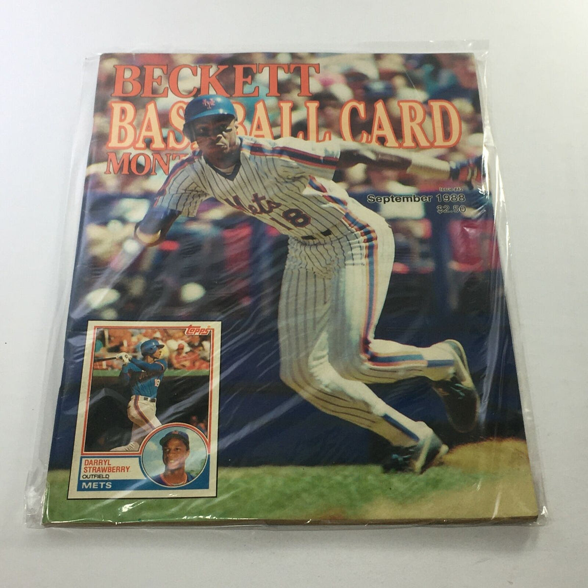 Beckett Baseball Card Monthly - September 1988 featuring Daryl Strawberry on the cover, showcasing the New York Mets player in action with a plastic protective covering.