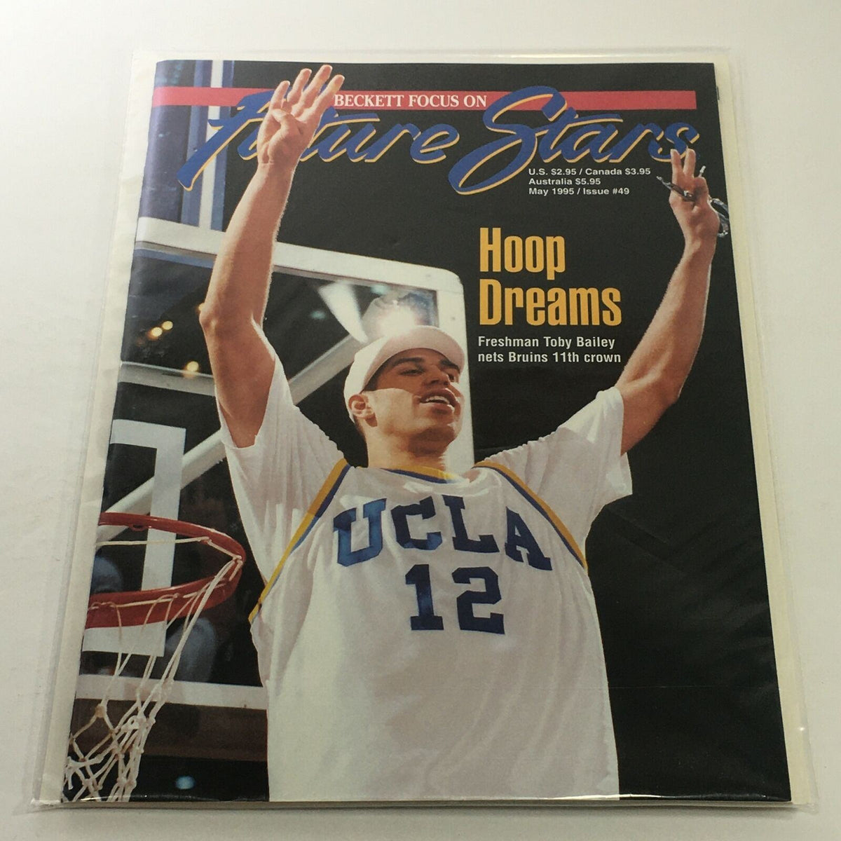 Beckett Future Stars May 1995 Issue #49 cover featuring Hoop Dreams and Toby Bailey celebrating victory as the UCLA Bruins win their 11th championship.