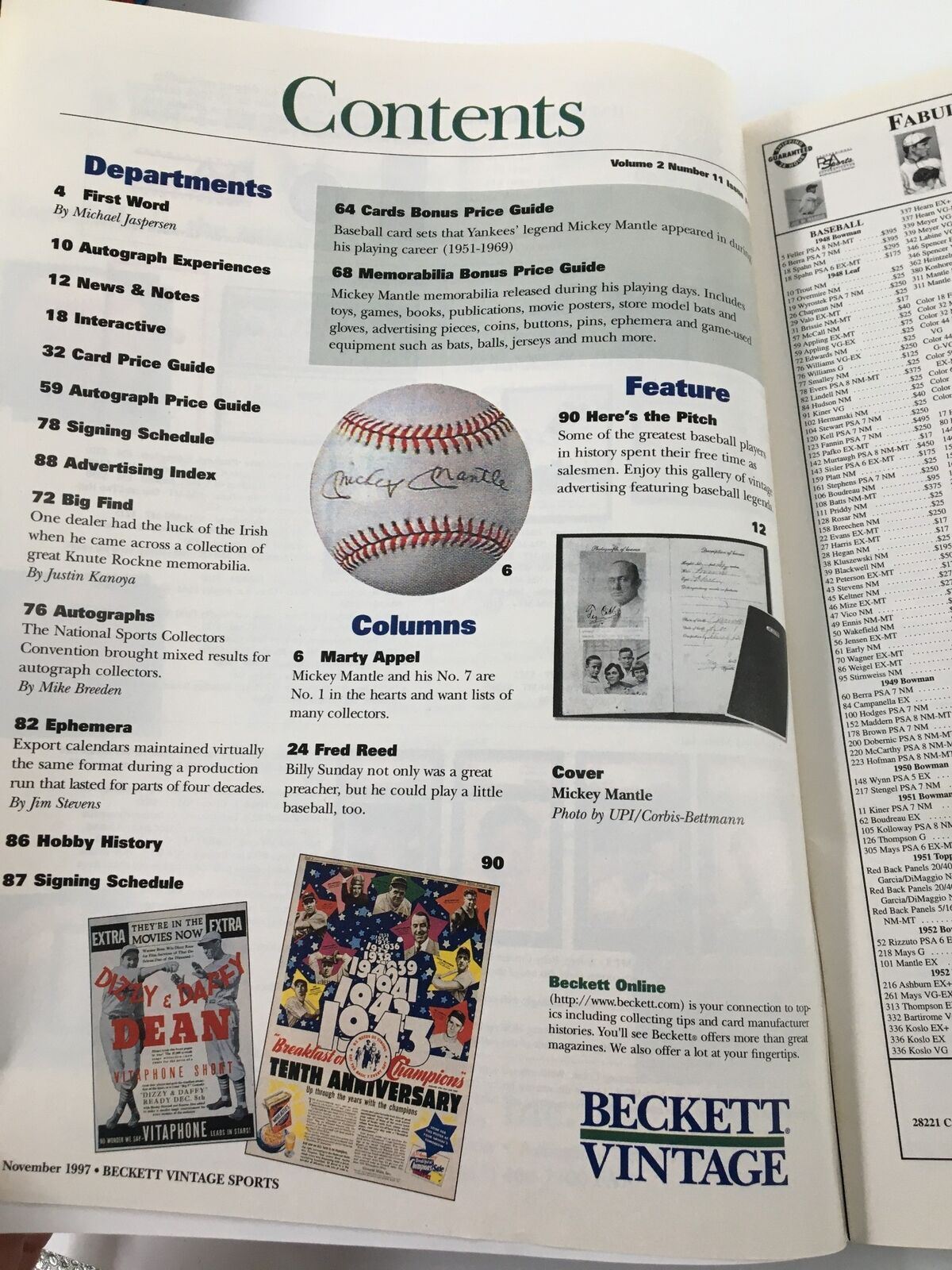 Beckett Sports Vintage November 1997 #12 Mickey Mantle No Label VG - interior page content layout with sections on card pricing and featured articles, highlighting baseball memorabilia.