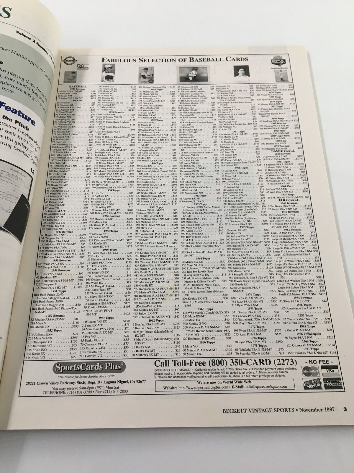 Beckett Sports Vintage November 1997 #12 Mickey Mantle No Label VG - Page showing a selection of baseball cards for sale, showcasing various card prices and listings.