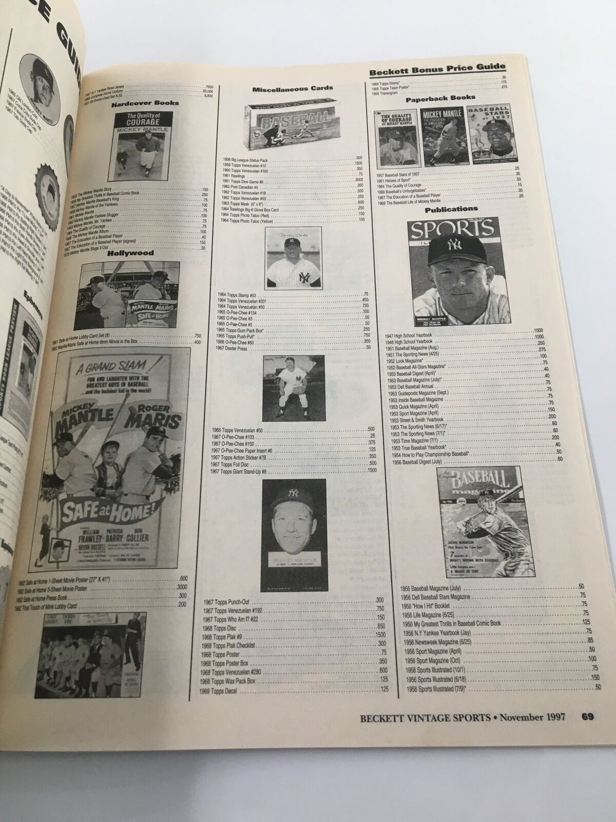 Beckett Sports Vintage November 1997 #12 Mickey Mantle No Label VG - Page featuring miscellaneous cards and publications with images and descriptions of collectible items.