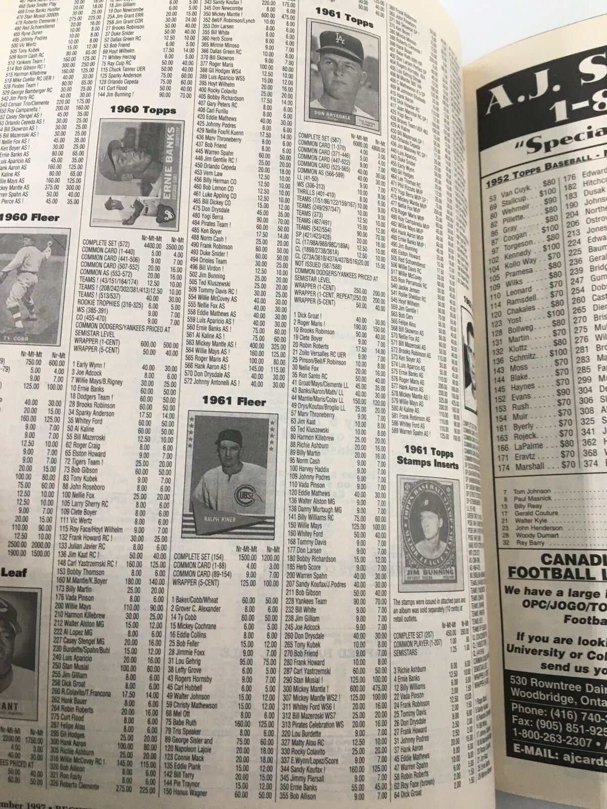 Beckett Sports Vintage November 1997 #12 Mickey Mantle No Label VG - Page presenting card prices from the 1961 baseball series, along with detailed listings and highlights.