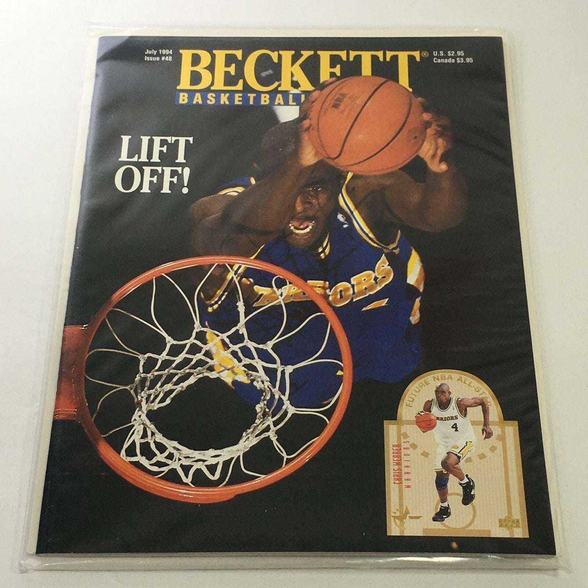 Beckett Basketball Monthly July 1994 Issue #48 featuring a dramatic cover image of a player making a dunk. The magazine highlights the Warriors player Chris Webber and is in excellent condition with protective covering.