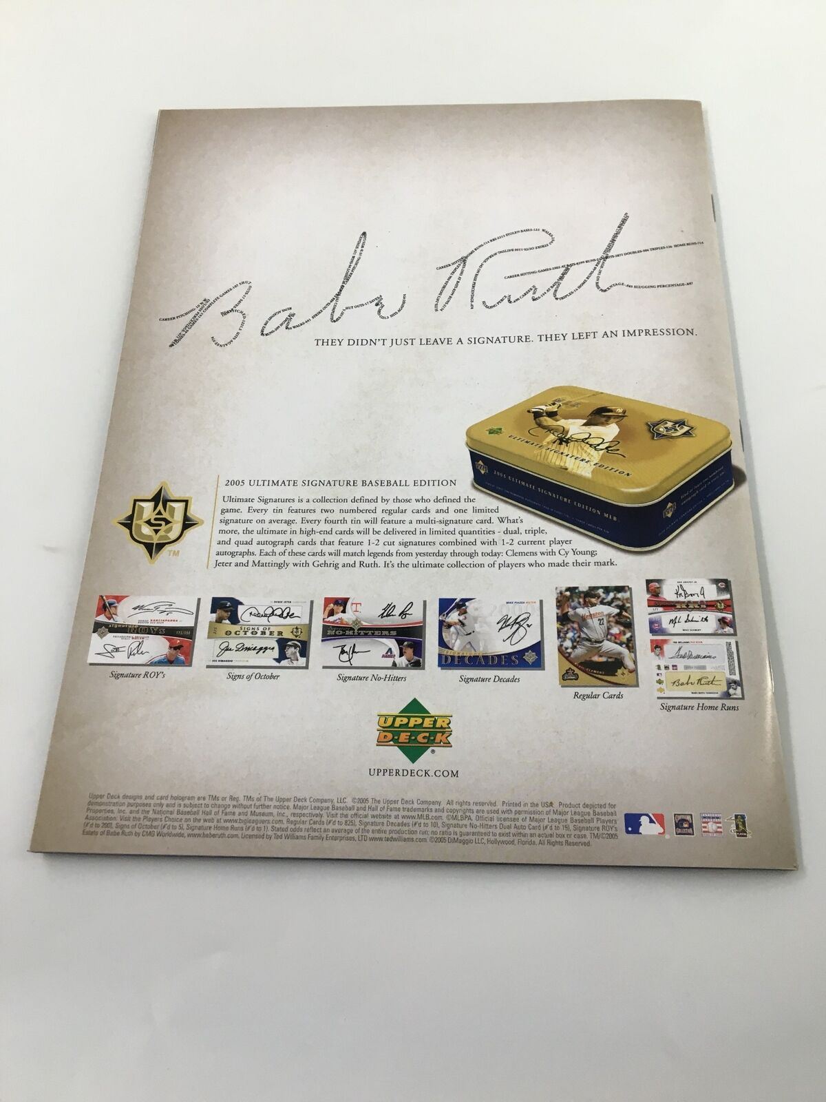 Back cover of Beckett Baseball Magazine April 2005 featuring autographed memorabilia and promotion for 2005 Ultimate Signature Baseball Edition. Highlights notable signatures from baseball icons, adding collectible value.