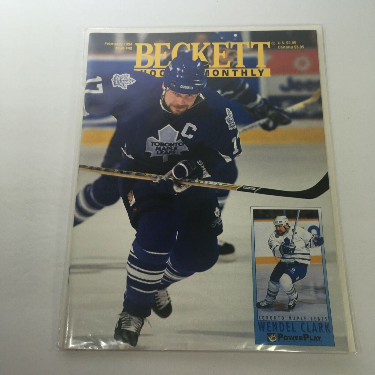 Beckett Hockey Monthly February 1994 Issue #40 cover featuring Maple Leafs player Wendel Clark, showcasing his action pose on the ice.