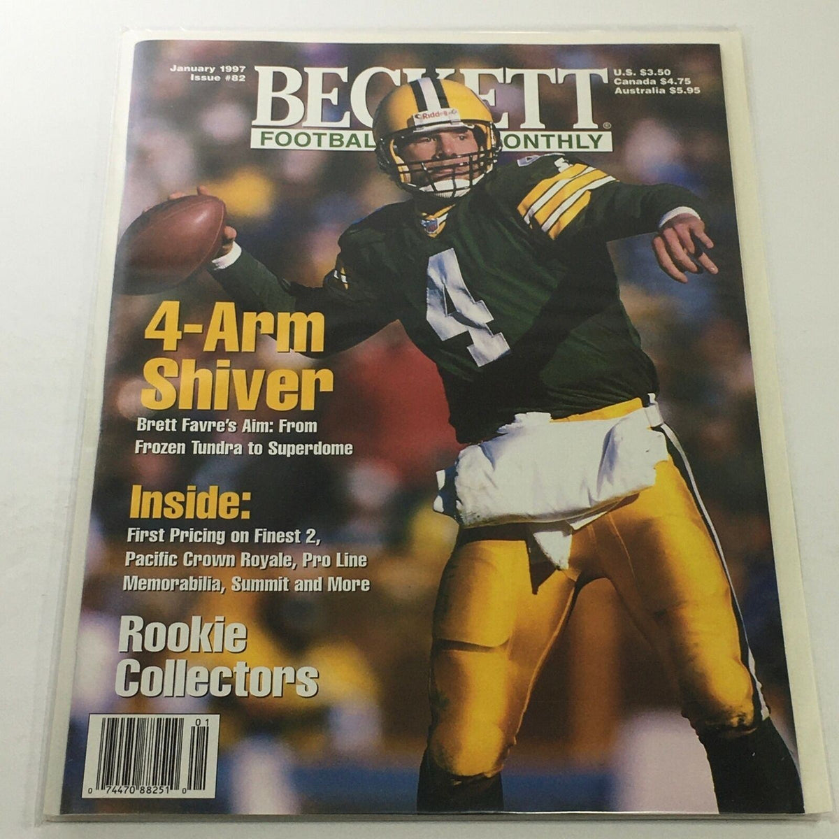 Cover of Beckett Football Card Monthly, January 1997 Issue #82 featuring the 4-Arm Brett Favre with highlights including articles on Rookie Collectors and First Pricing on Fine2.