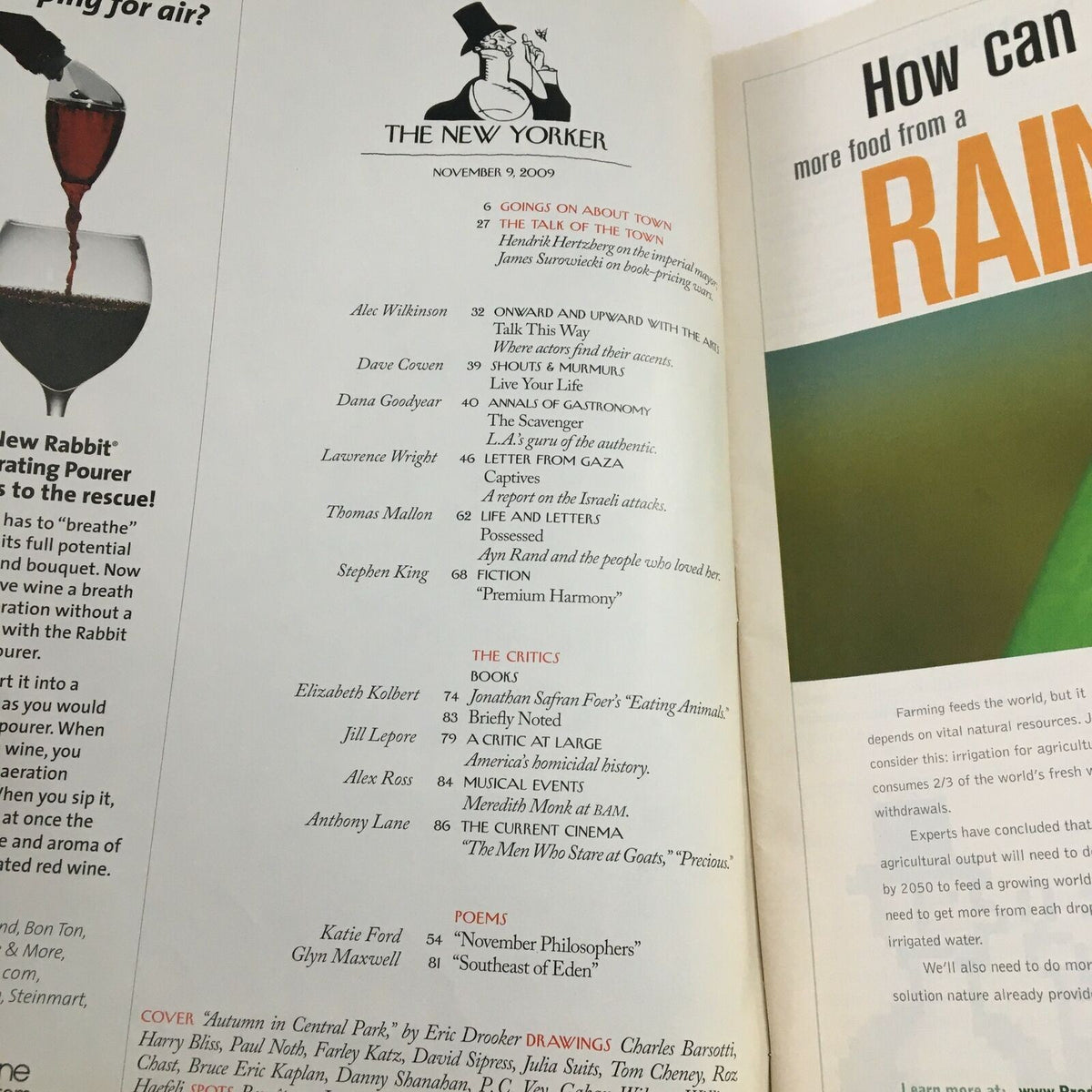 Interior page of The New Yorker November 9 2009, showcasing the table of contents with various article titles and authors, highlighting the magazine's diverse literary content.