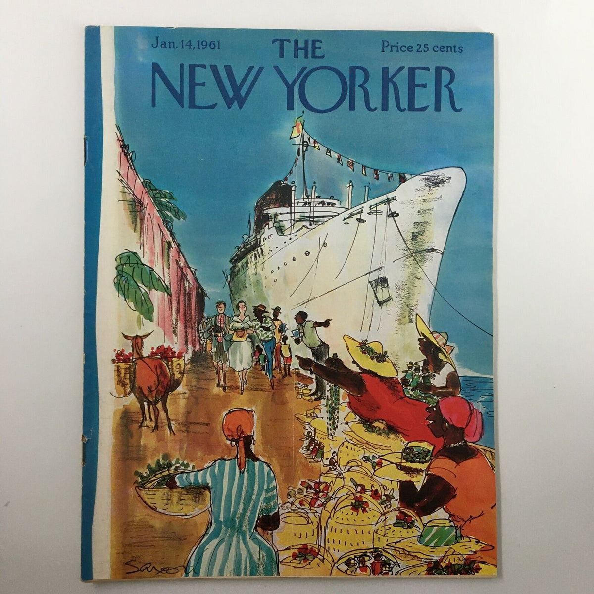 Cover of The New Yorker magazine dated January 14, 1961, featuring a colorful illustration by Charles Saxon depicting a cruise ship docking scene with people and local vendors.