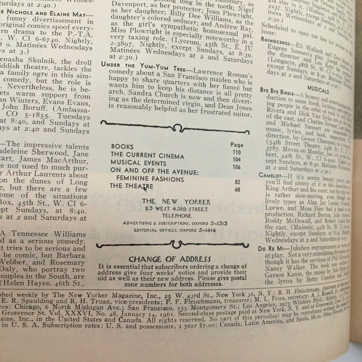 Interior page of The New Yorker magazine from January 14, 1961, displaying various articles including entertainment listings and advertisements.