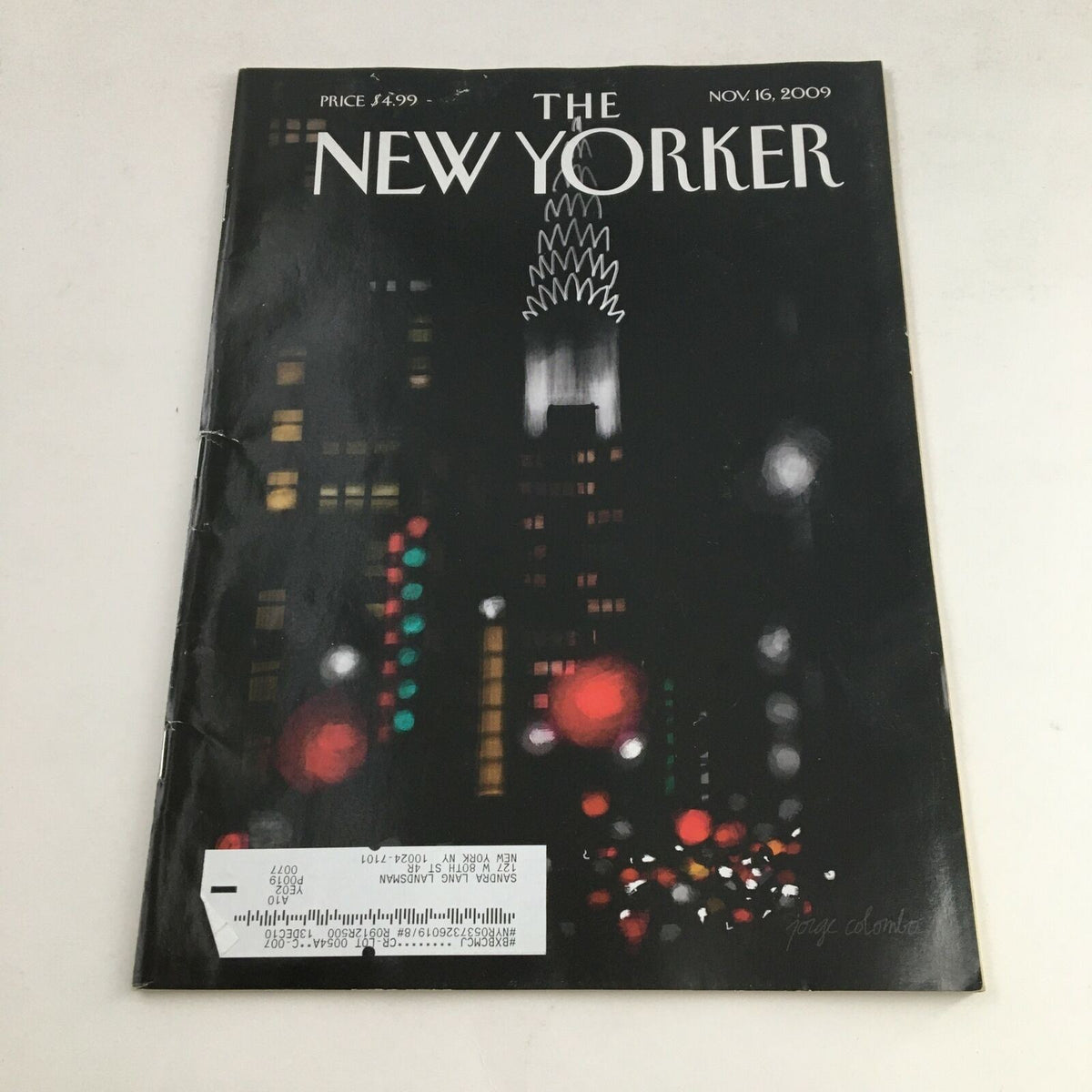 The New Yorker November 16 2009 Full Magazine Theme Cover by Jorge Colombo, featuring a captivating night scene with bright lights and a city skyline.