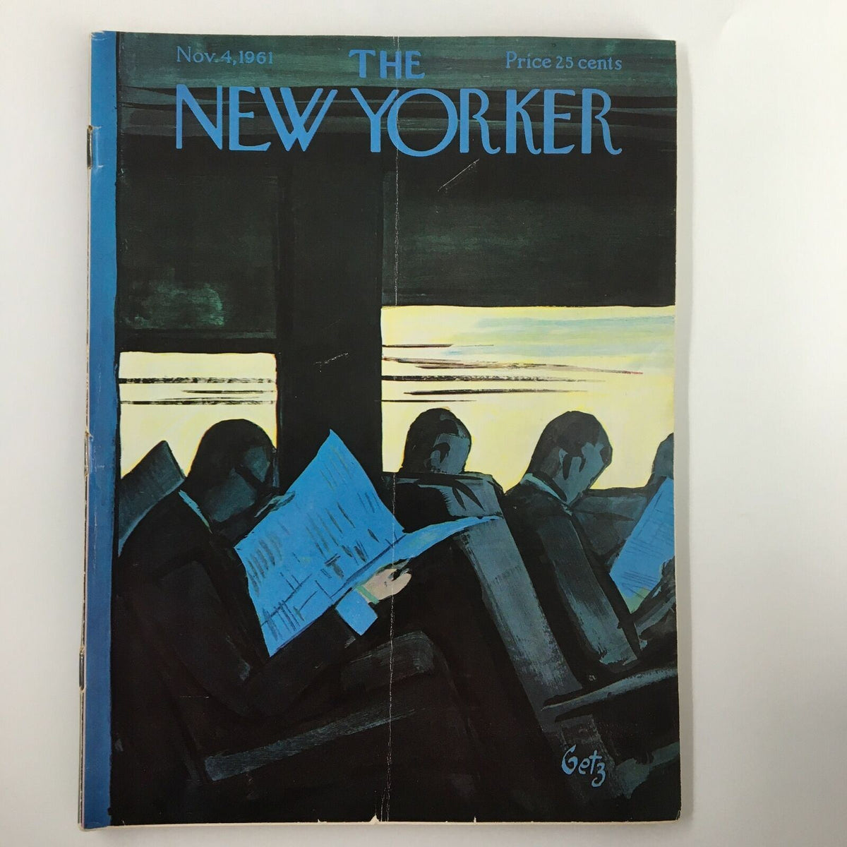 Cover image of The New Yorker Full Magazine November 4 1961 by Arthur Getz, featuring a stylized illustration of passengers reading newspapers in a train.