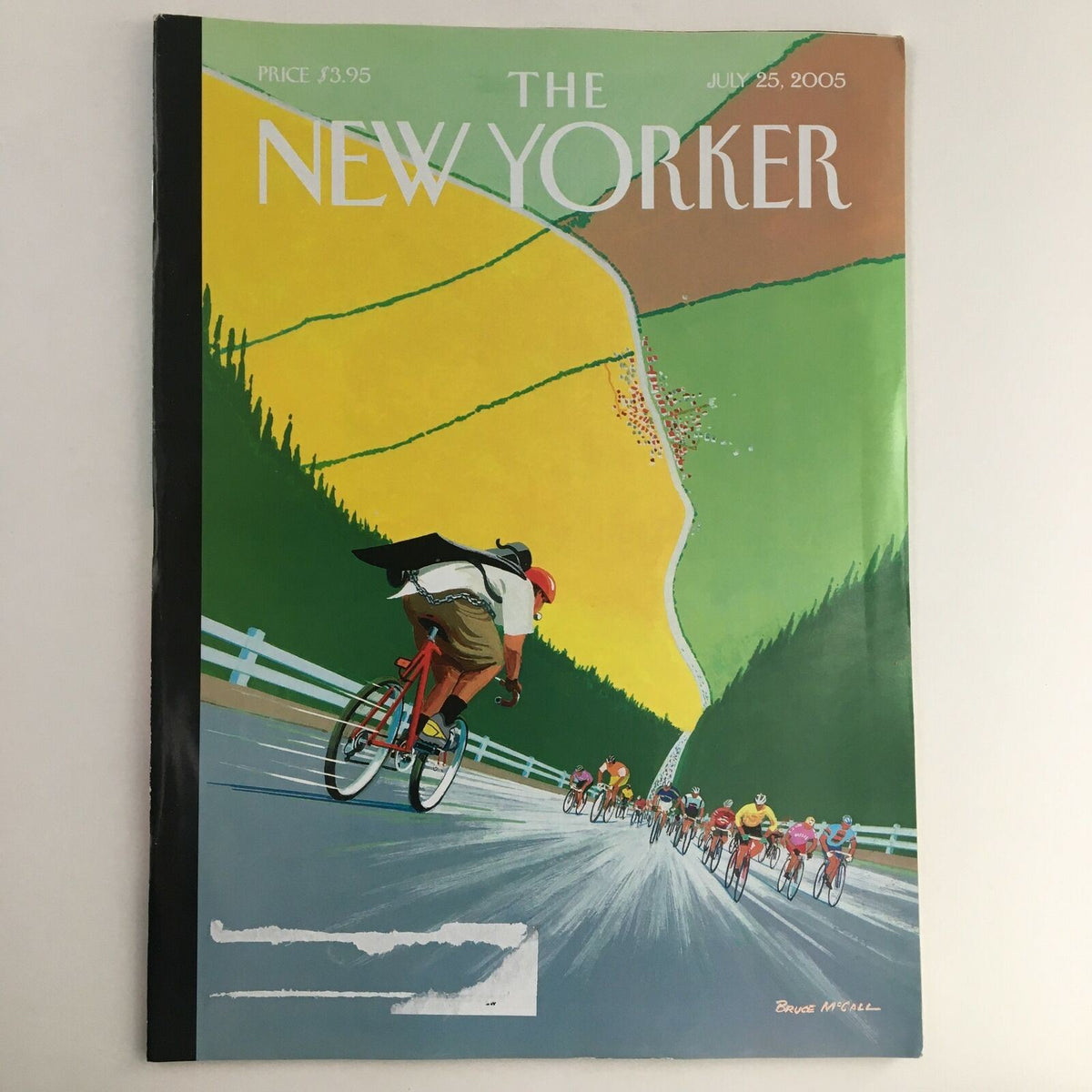 Cover of The New Yorker Full Magazine July 25, 2005 featuring the artwork 'Tour de Force' by Bruce McCall, depicting a vibrant cycling scene in a scenic landscape.