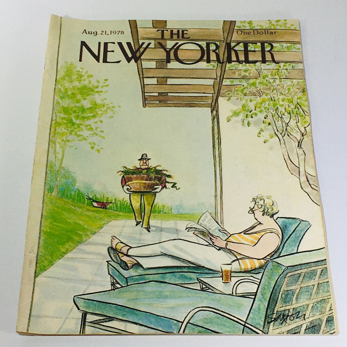 The New Yorker: August 21 1978 Full Magazine cover featuring a serene outdoor scene with a person reading in a chair and a man carrying a potted plant.