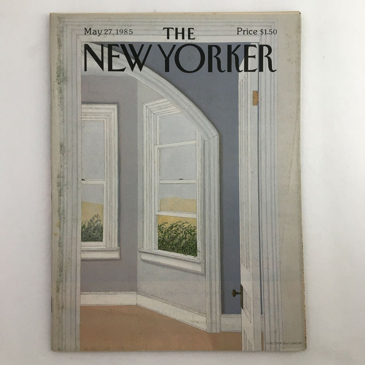 Cover of The New Yorker Full Magazine from May 27, 1985, featuring a captivating interior view with windows and muted colors, illustrated by Gretchen Dow Simpson, priced at $1.50.