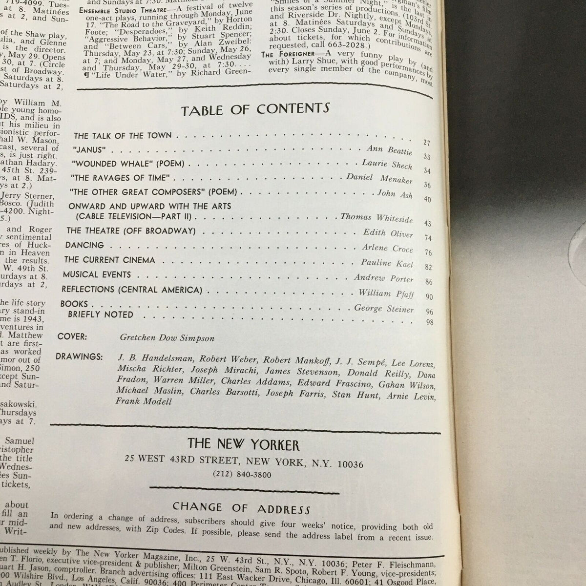 Table of Contents from The New Yorker Full Magazine May 27 1985, featuring articles and contributions from various authors, including the cover by Gretchen Dow Simpson.