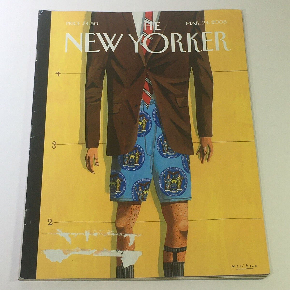 Cover of The New Yorker March 24 2008 featuring artwork by Mark Ulriksen, illustrating a man in a suit and playful shorts, perfect for collectors and fans of vintage magazines.