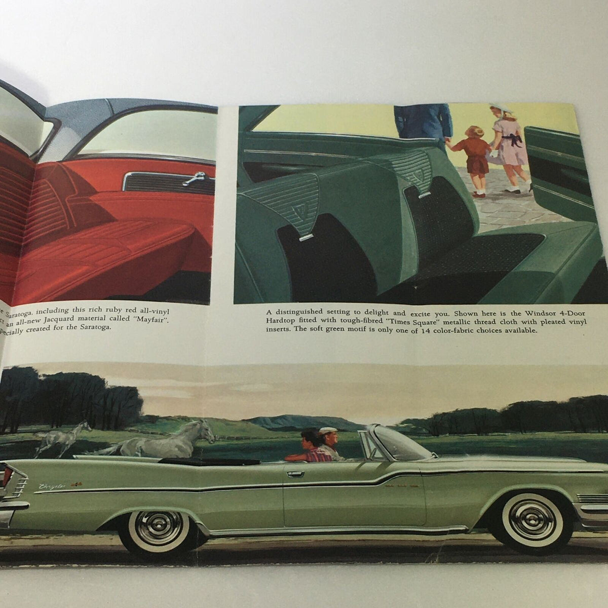 Interior design showcase of the VTG 1959 Chrysler Windsor New Yorker Sedan Hardtop Car Auto Brochure Catalog, emphasizing luxurious seating and color options.