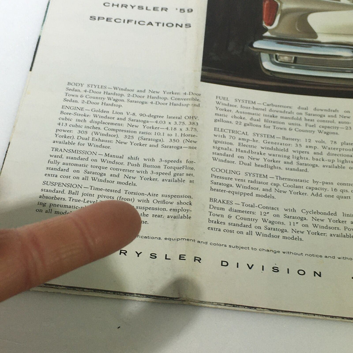 Close-up of the specifications section from the VTG 1959 Chrysler Windsor New Yorker Sedan Hardtop Car Auto Brochure Catalog, highlighting technical details.