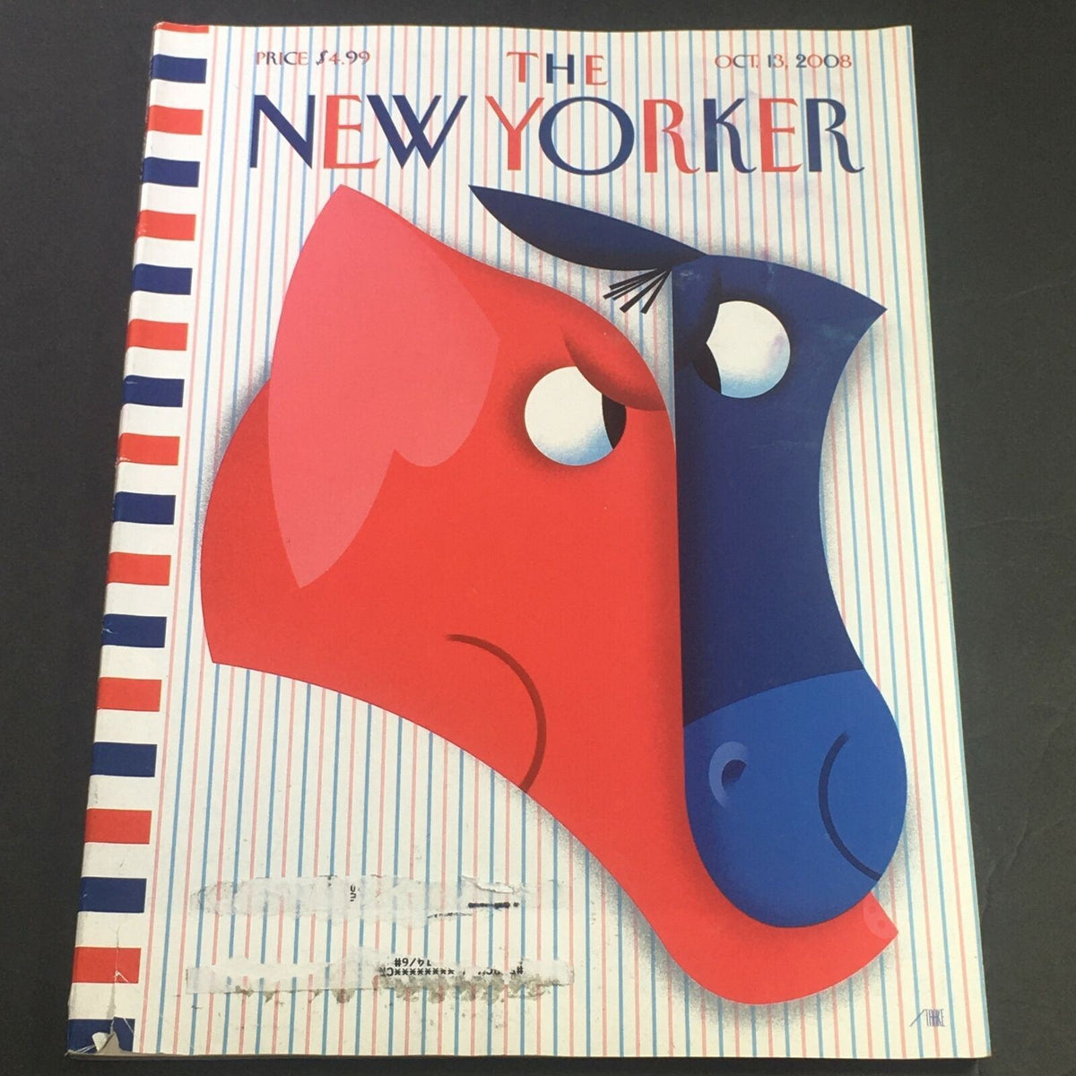 Cover of The New Yorker October 13 2008 featuring distinctive artwork by Bob Staake, showcasing colorful illustrations of a red and blue animal face, perfect for magazine collectors.