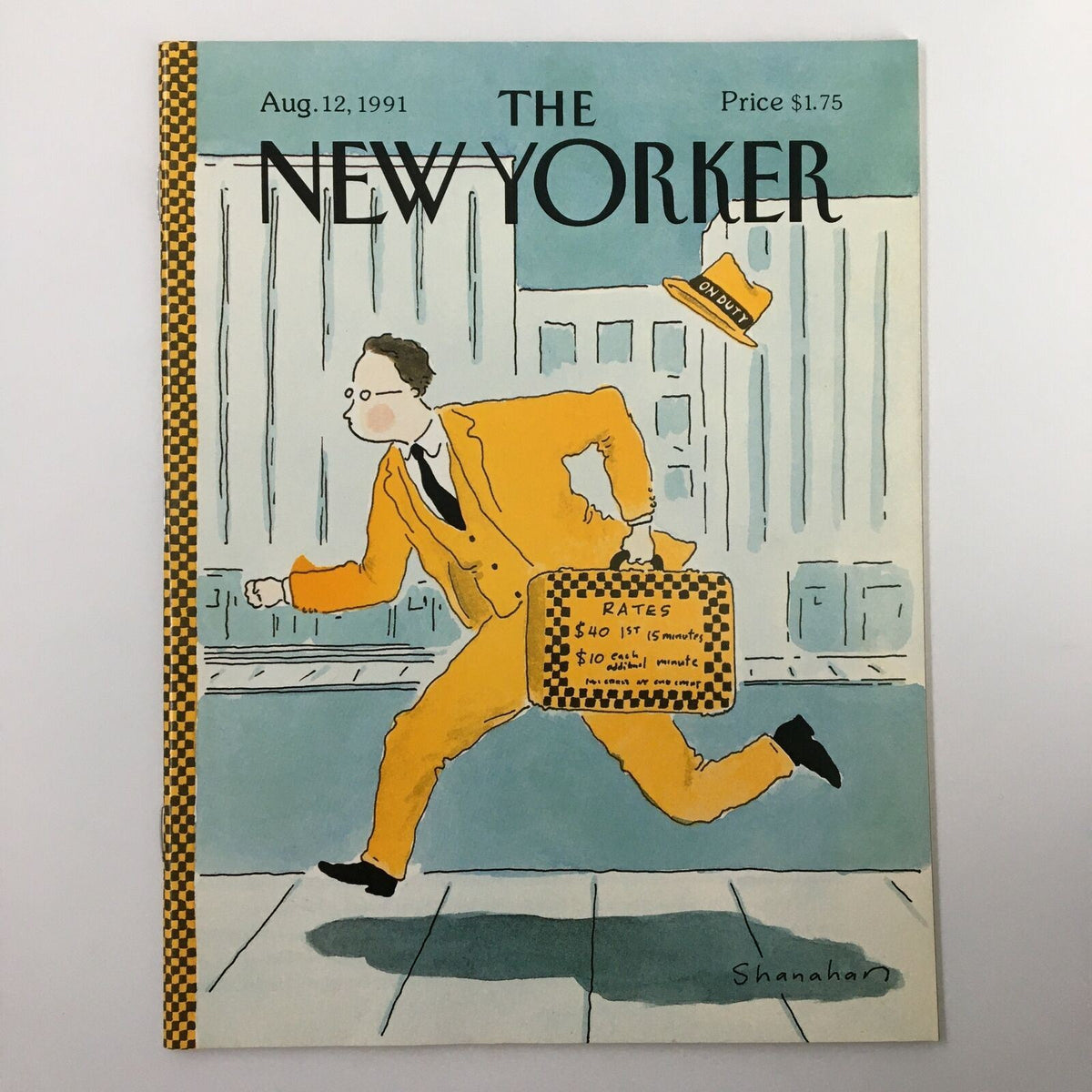 Cover of The New Yorker Full Magazine August 12, 1991 featuring the illustration 'On Duty' by Danny Shanahan, depicting a man in a yellow suit running with a briefcase and a taxi hat.