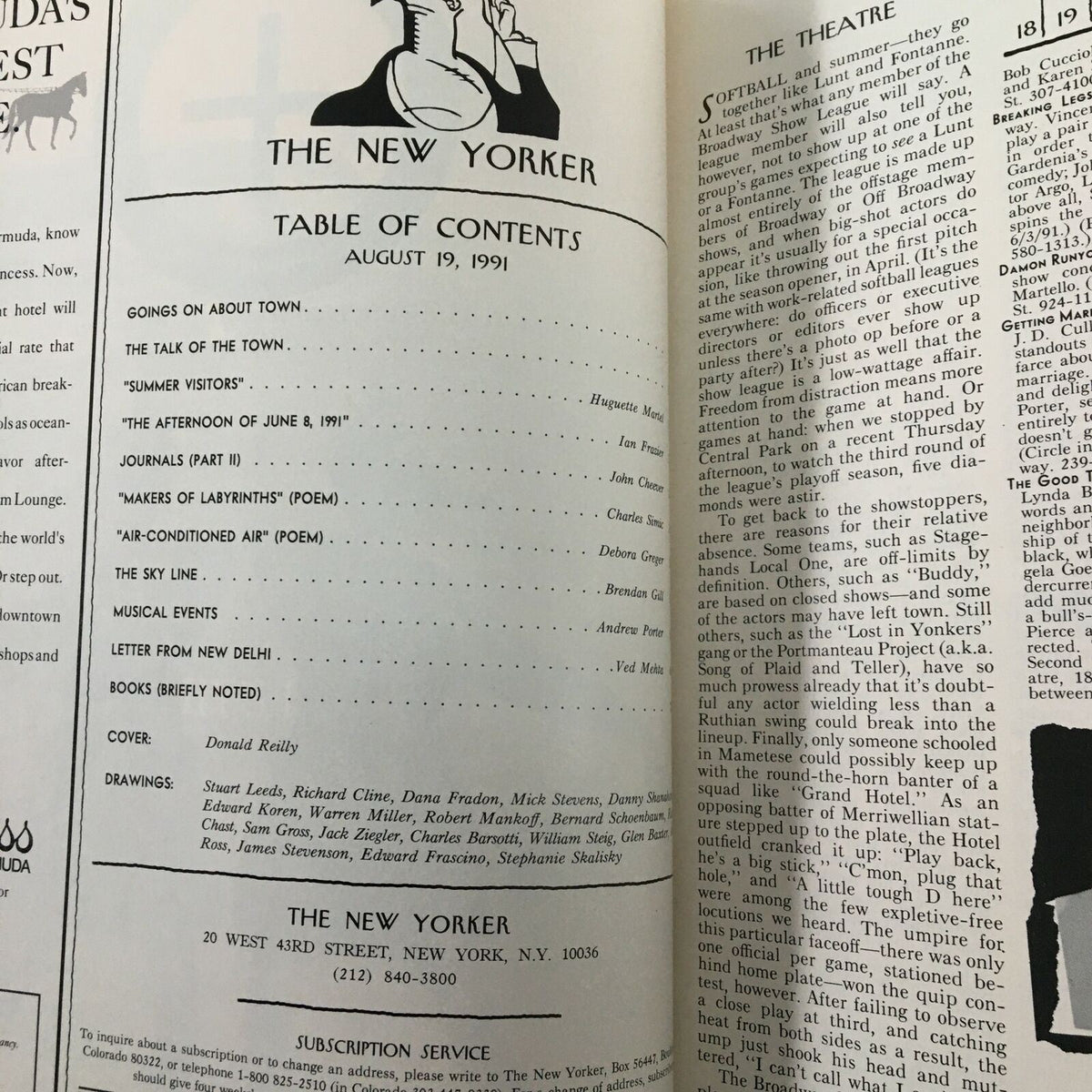 Table of contents for The New Yorker magazine issue from August 19, 1991, listing articles and contributions, showcasing the magazine's literary depth and artistic heritage.