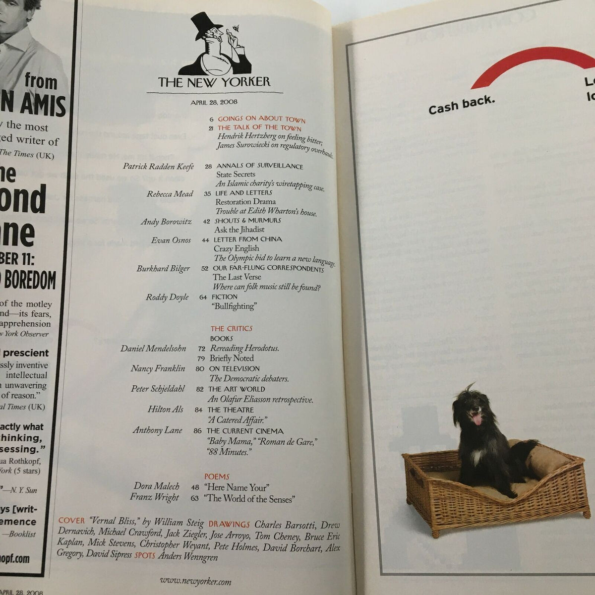 The New Yorker Full Magazine April 28 2008 interior page including the table of contents, featuring articles and illustrations, highlighting the magazine's literary offerings.