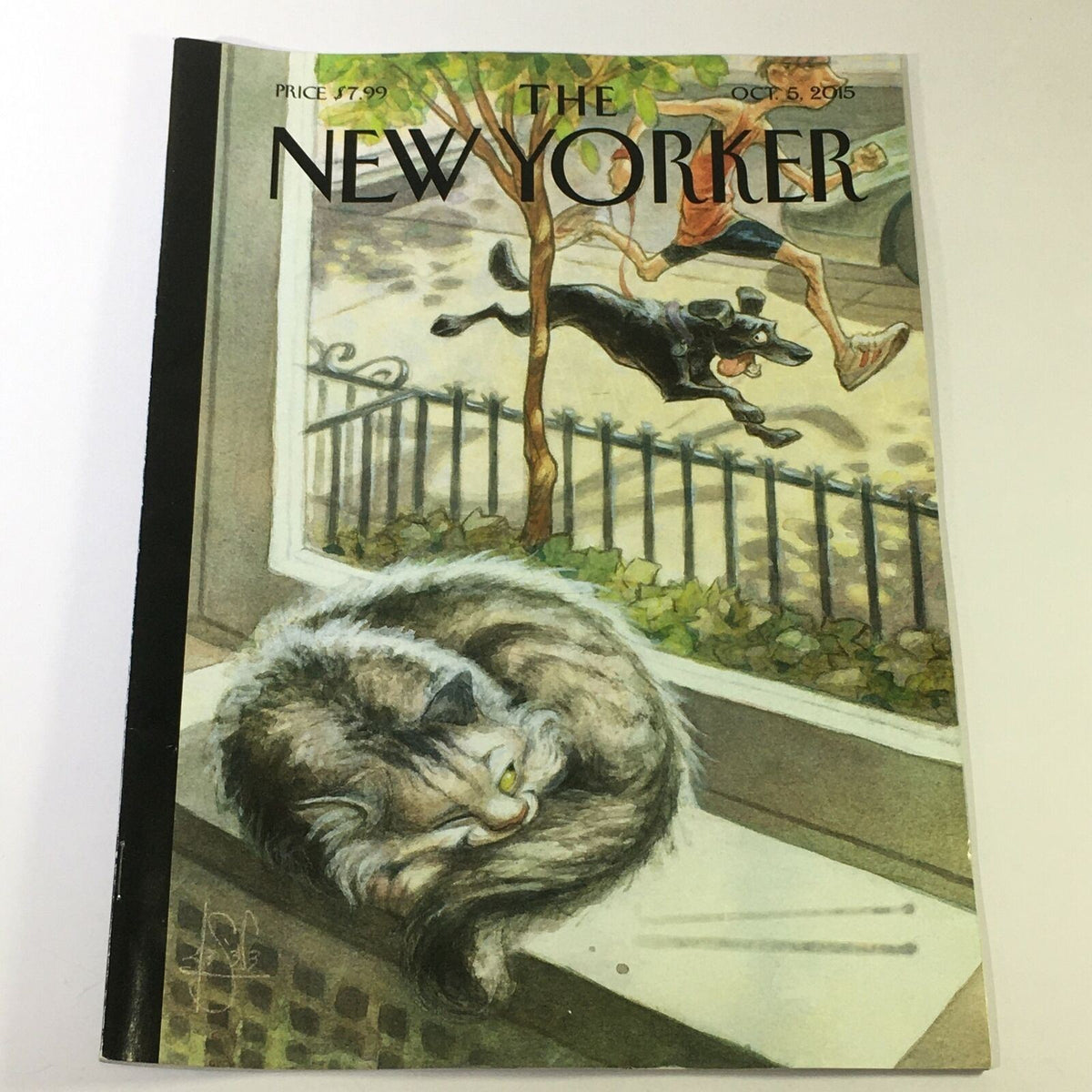 The New Yorker October 5 2015 - Full Magazine Theme Cover by Peter de Sève, showcasing a whimsical illustration featuring a sleeping cat and a playful dog outside a window.