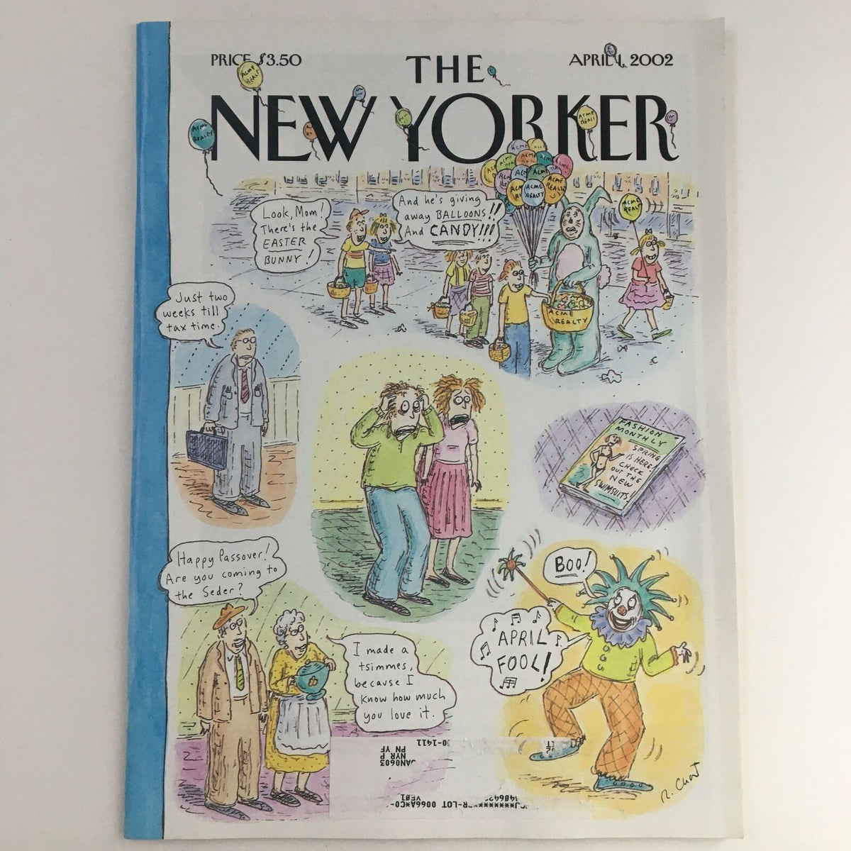 Cover of The New Yorker Full Magazine April 1, 2002, featuring colorful illustrations by Roz Chast celebrating spring with whimsical characters and humorous dialogue.
