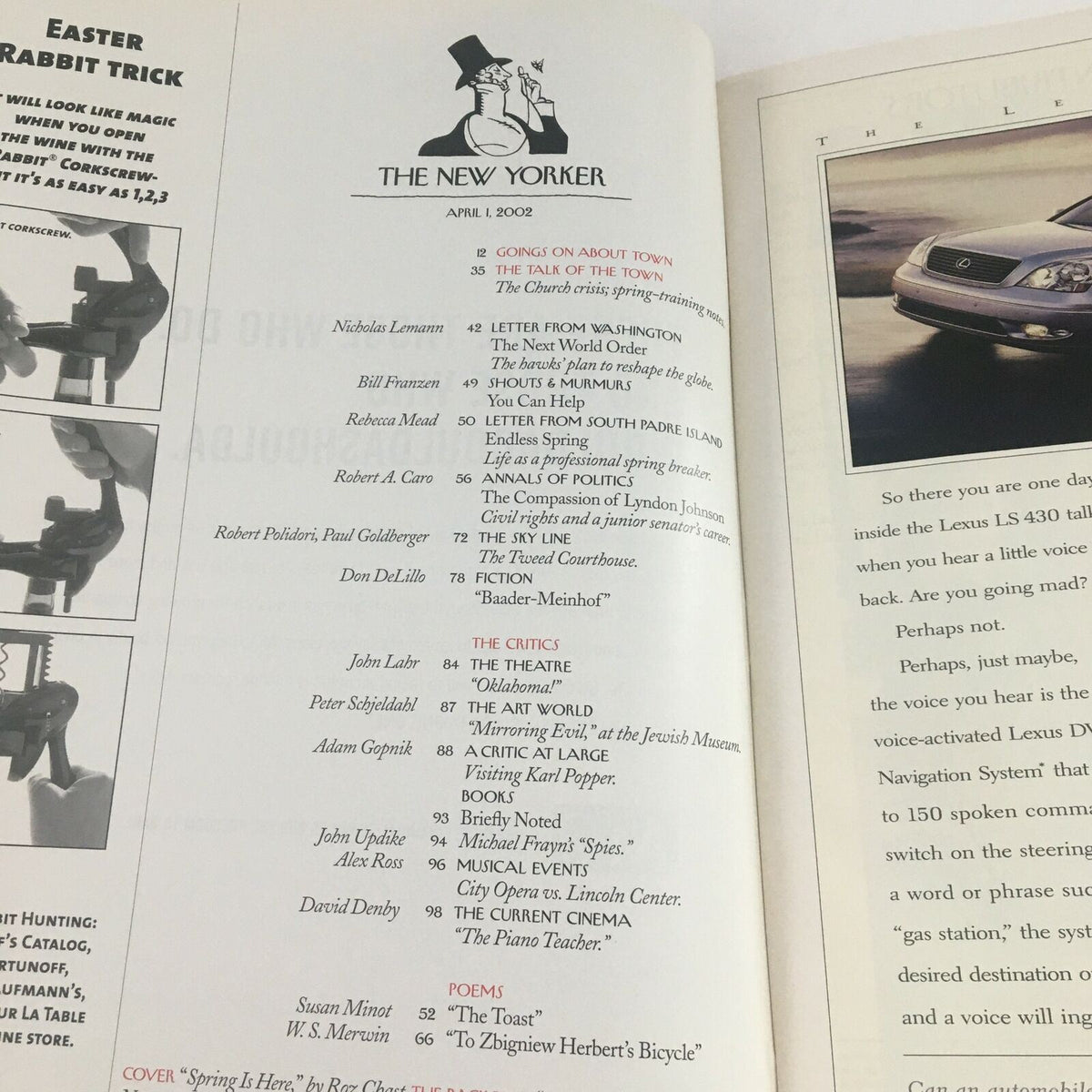 Inside page of The New Yorker Full Magazine April 1, 2002, displaying the table of contents and editorial features, showcasing the artistic layout and variety of articles.