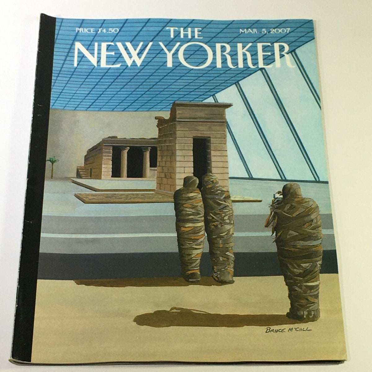 Cover of The New Yorker March 5 2007 magazine featuring artwork by Bruce McCall, showcasing a modern museum setting with figures in ancient-style wraps. A captivating addition to any vintage magazine collection.