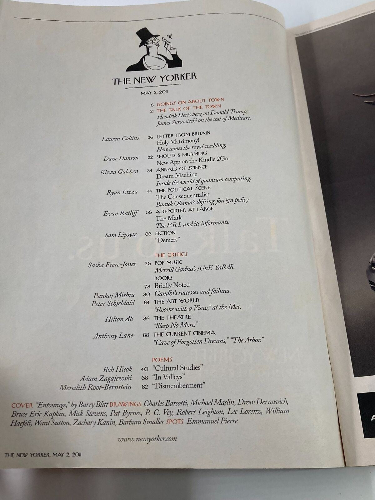 Inside page of The New Yorker Magazine May 2 2011 featuring table of contents and highlights from the issue, including a cover by Barry Blitt titled 'Queen Elizabeth in Entourage'.