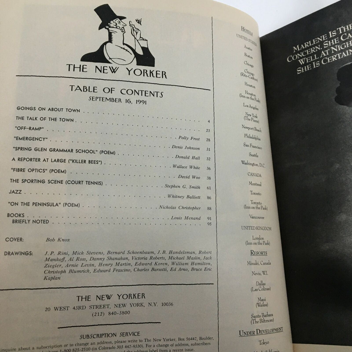 Table of Contents from The New Yorker Full Magazine September 16, 1991 featuring various articles and writings, including pieces by Polly Frost and Bob Knox.