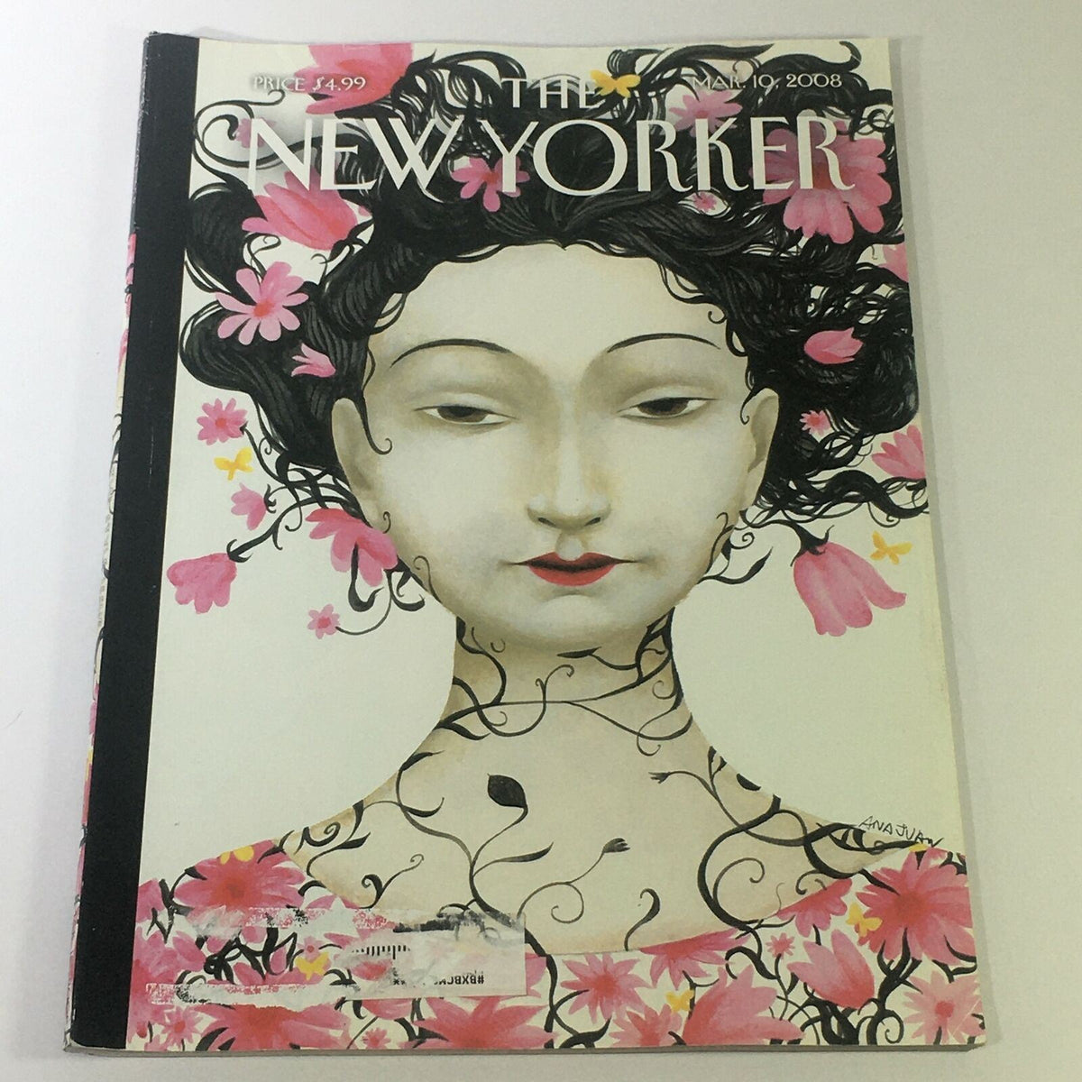 The New Yorker March 10 2008 magazine cover featuring an artistic illustration by Ana Juan, adorned with flowers, capturing creative storytelling and cultural commentary.