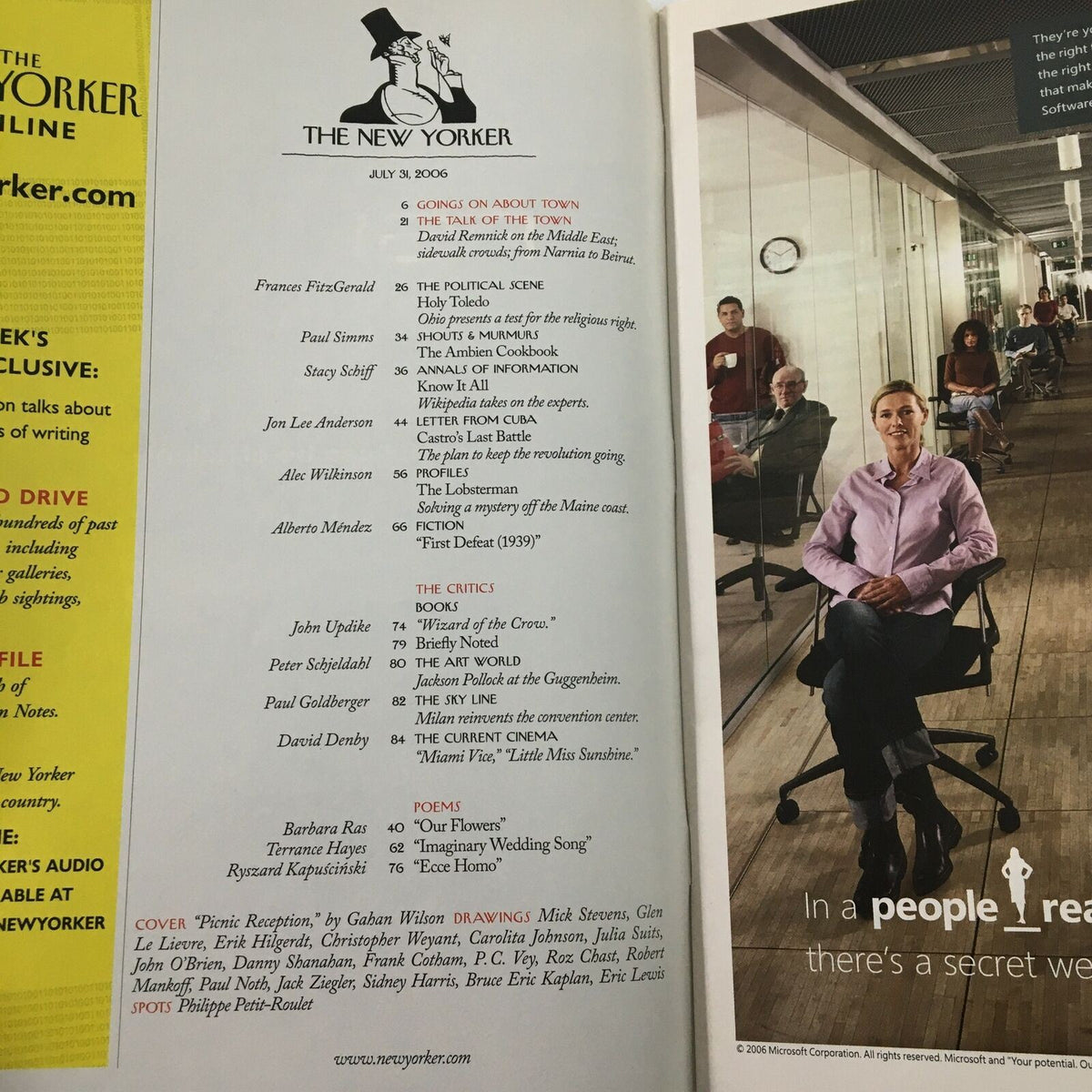 Contents page of The New Yorker full magazine July 31, 2006, listing articles and features, including contributions from notable writers, reflecting the magazine's intellectual and cultural depth.