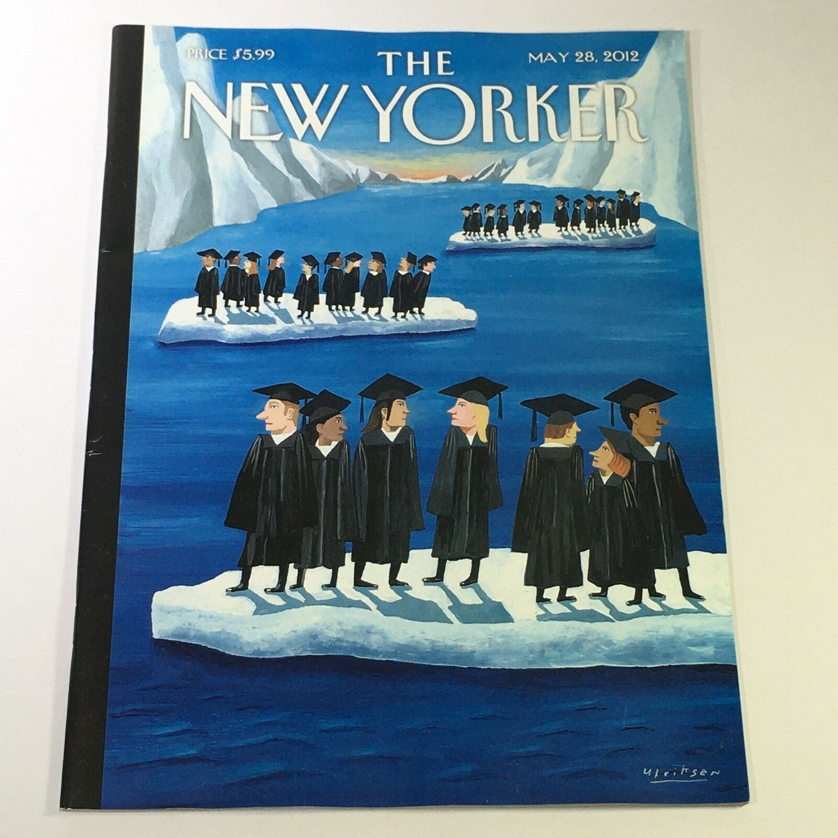 The New Yorker Magazine May 28 2012 cover featuring the illustration 'Cold Graduation' by Mark Ulriksen, depicting graduates in caps and gowns on an ice floe.