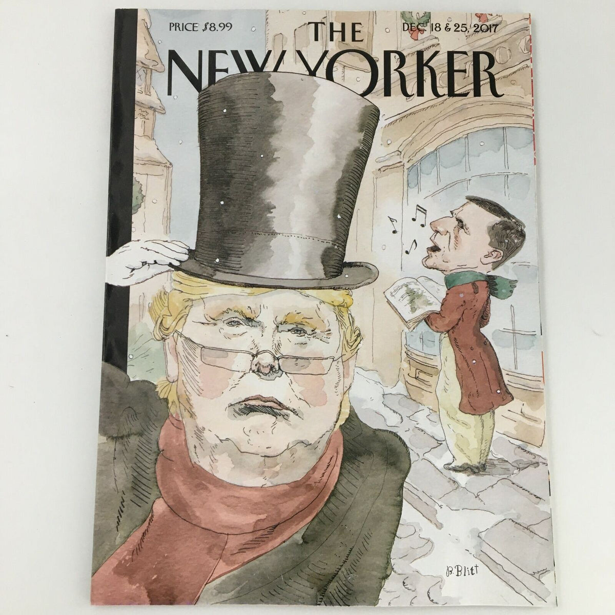 Cover of The New Yorker December 18, 2017 featuring a Donald Trump theme illustration by Barry Blitt, showcasing political satire with a caricature of Trump in a top hat.
