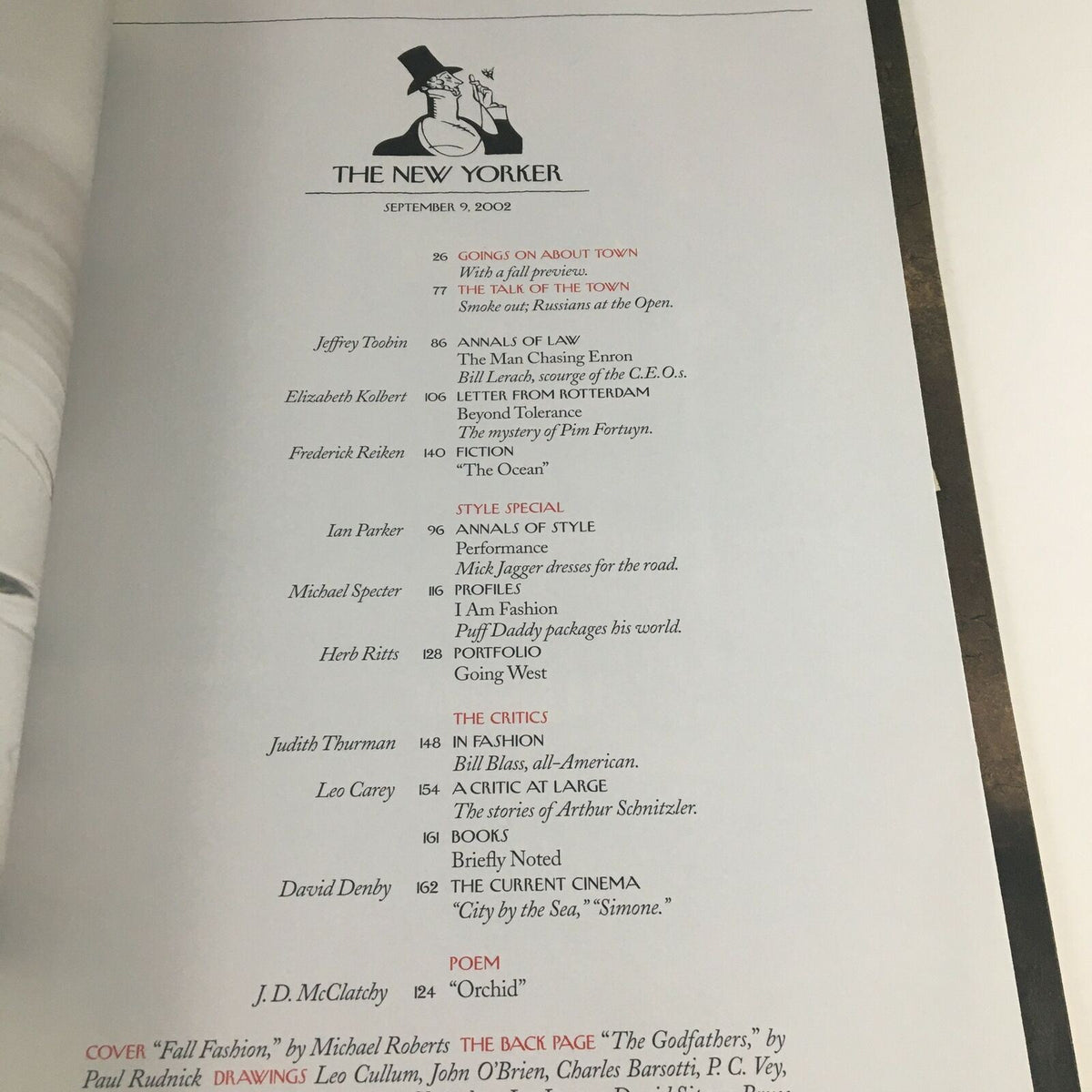 Table of contents page from The New Yorker Full Magazine September 9, 2002, highlighting articles and features including Fall Fashion and critiques.